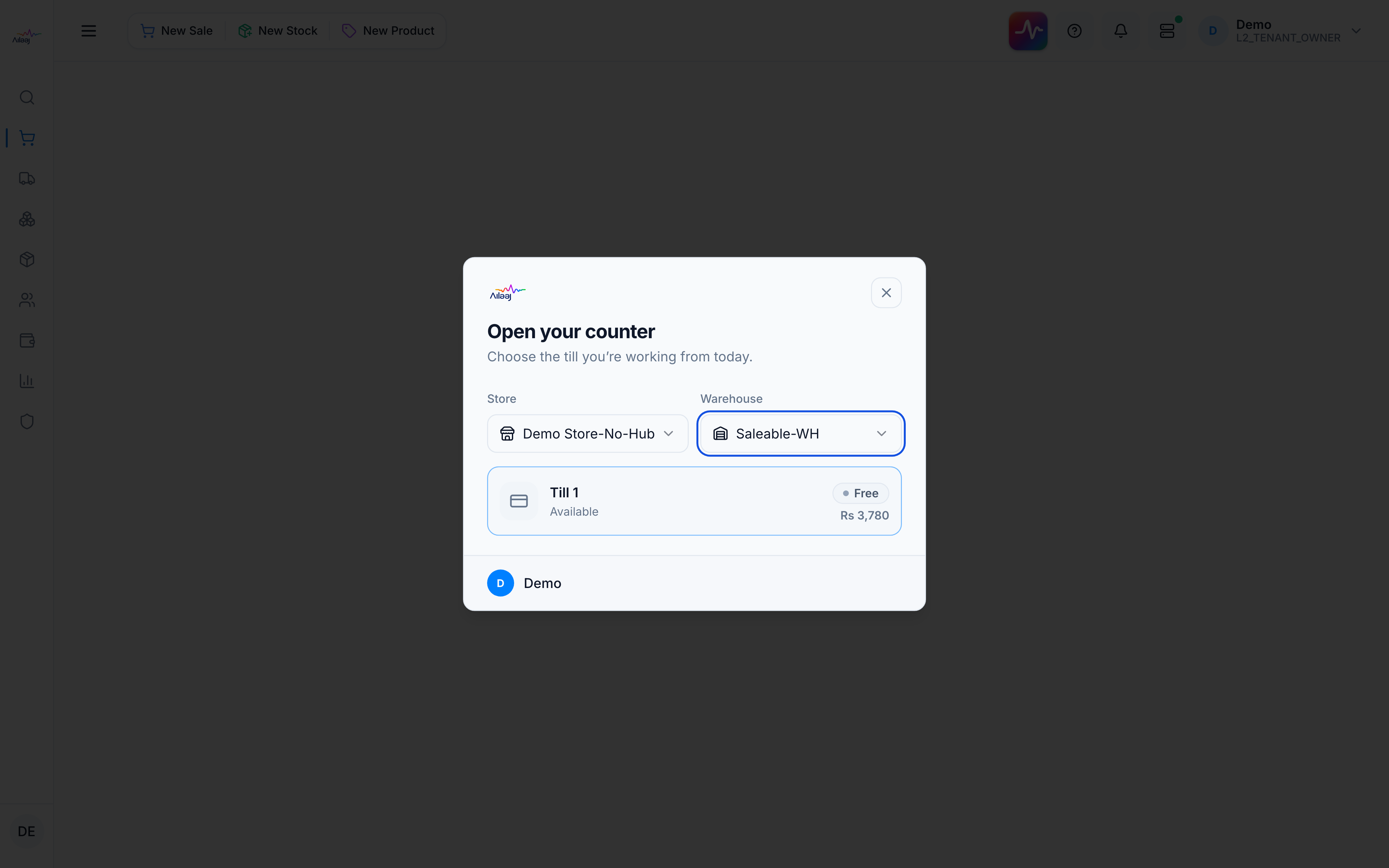 Till picker — store and warehouse selectors above status-coded till cards
