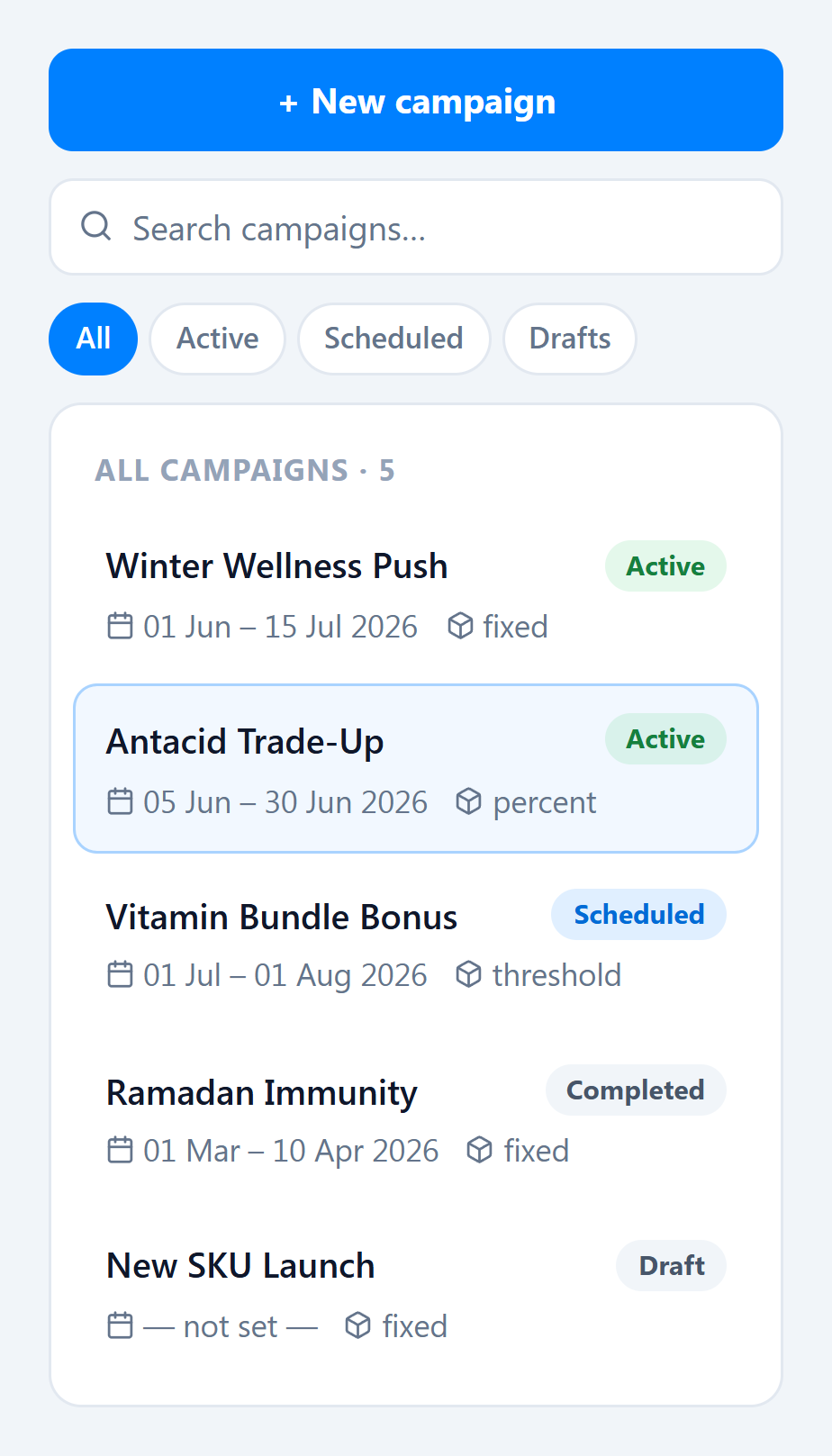 Rack Campaigns list with New campaign, search, status filters, and campaign rows