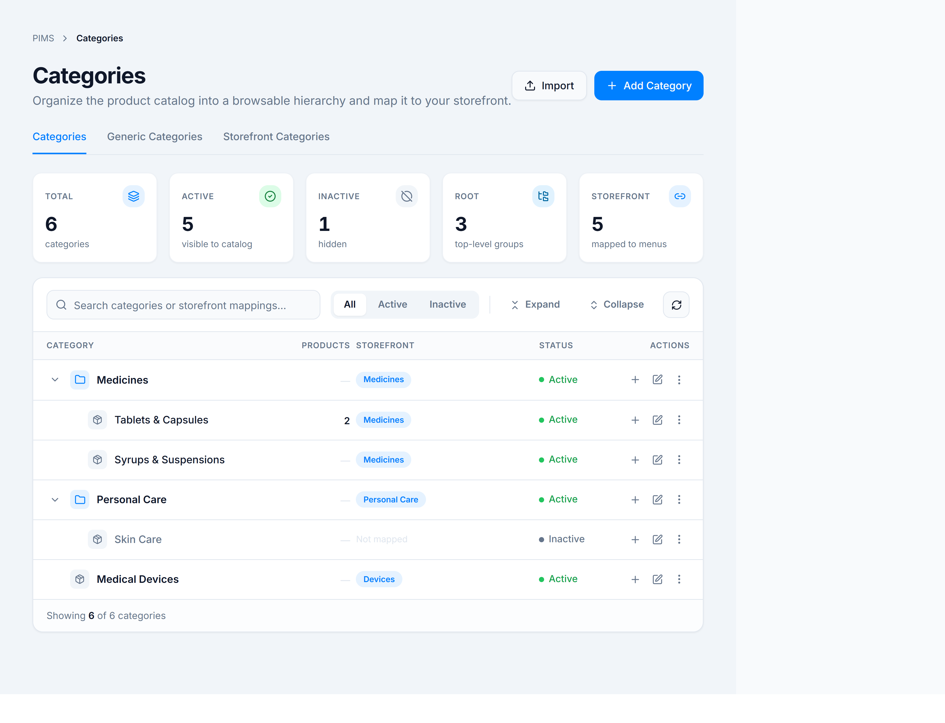 Categories page — breadcrumb, page header with Import and Add Category, KPI summary rail, and five-column category tree