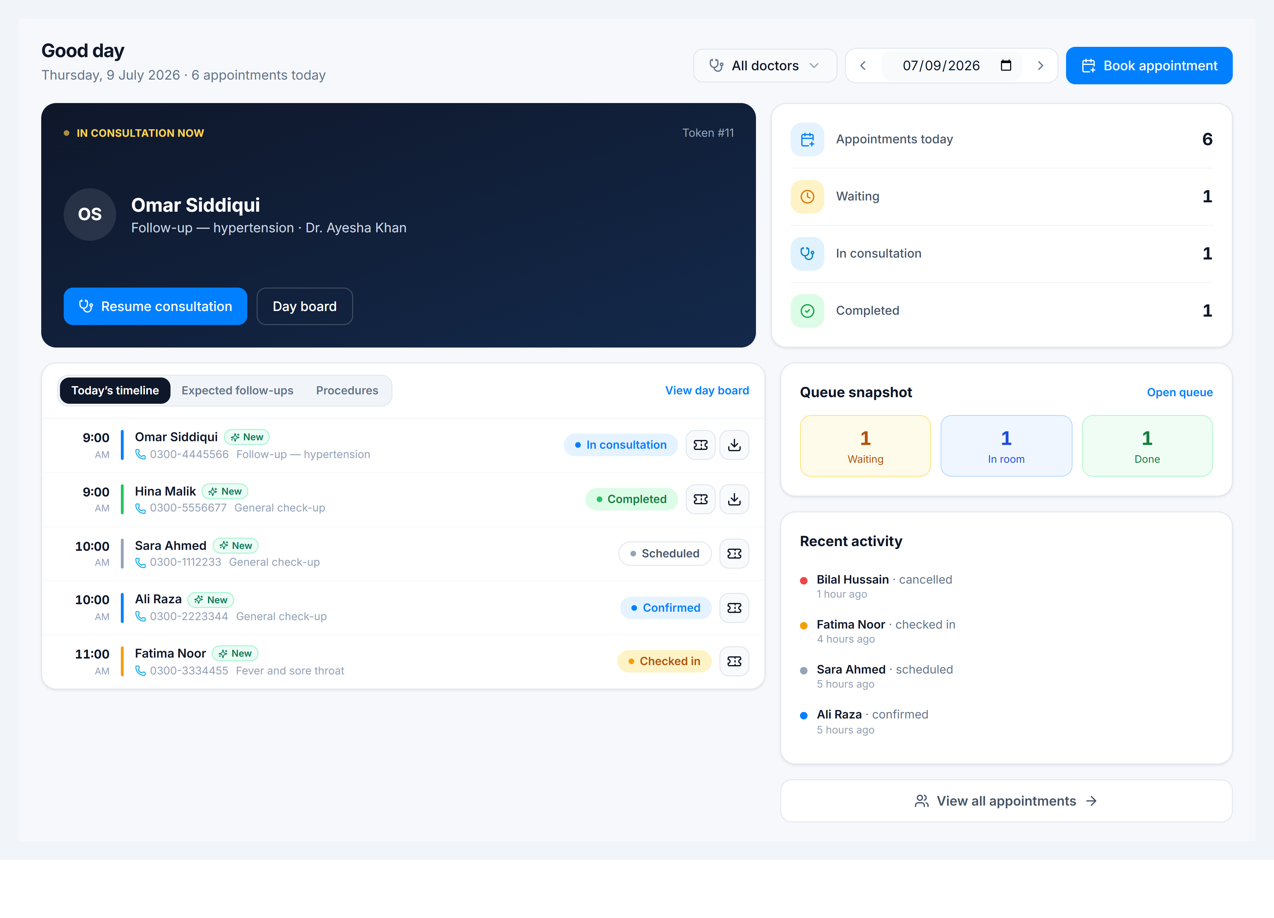 Clinic dashboard — today's timeline, practice and doctor filters, follow-ups and procedures tabs