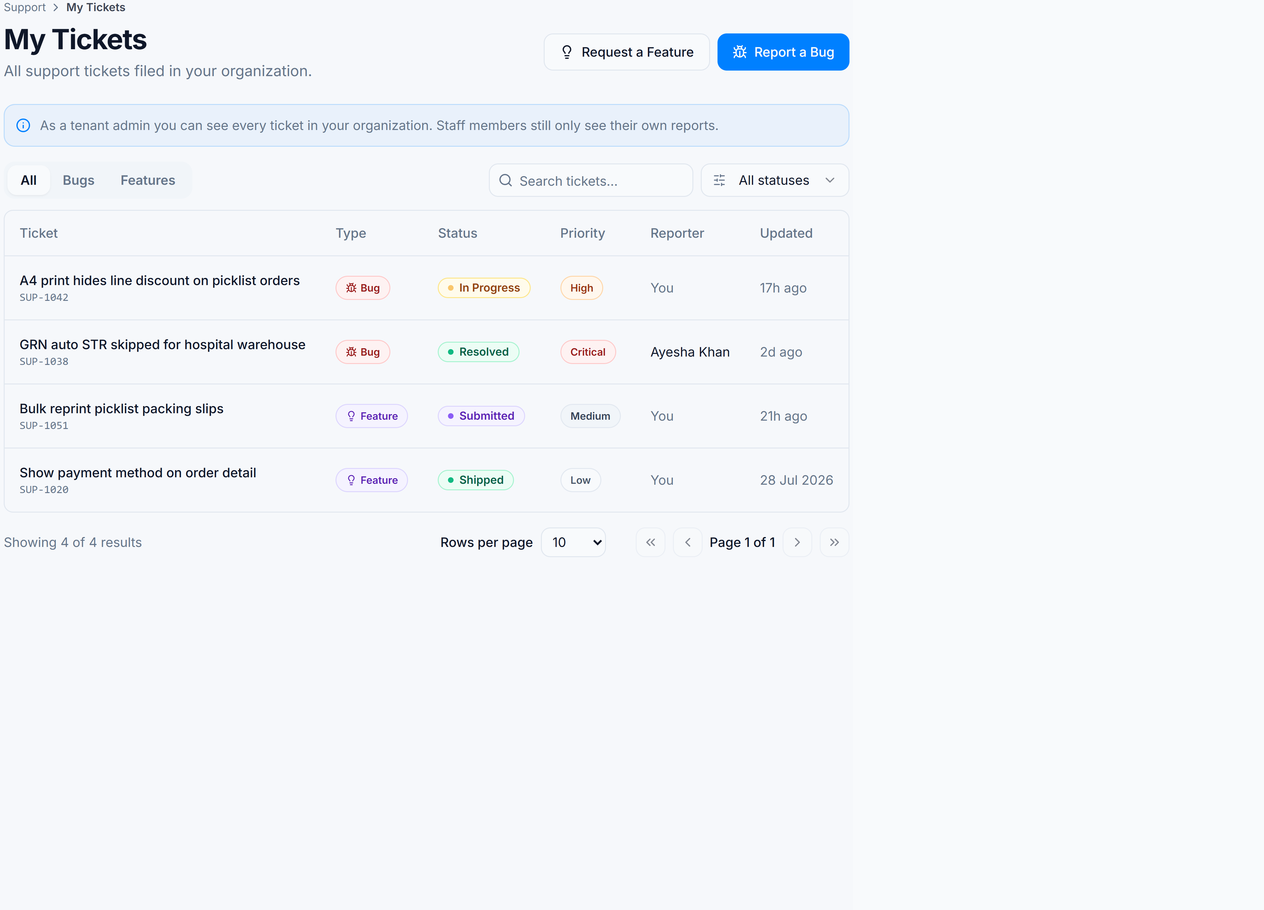 My Tickets list with bugs and feature requests, status pills, and Report a Bug / Request a Feature actions.