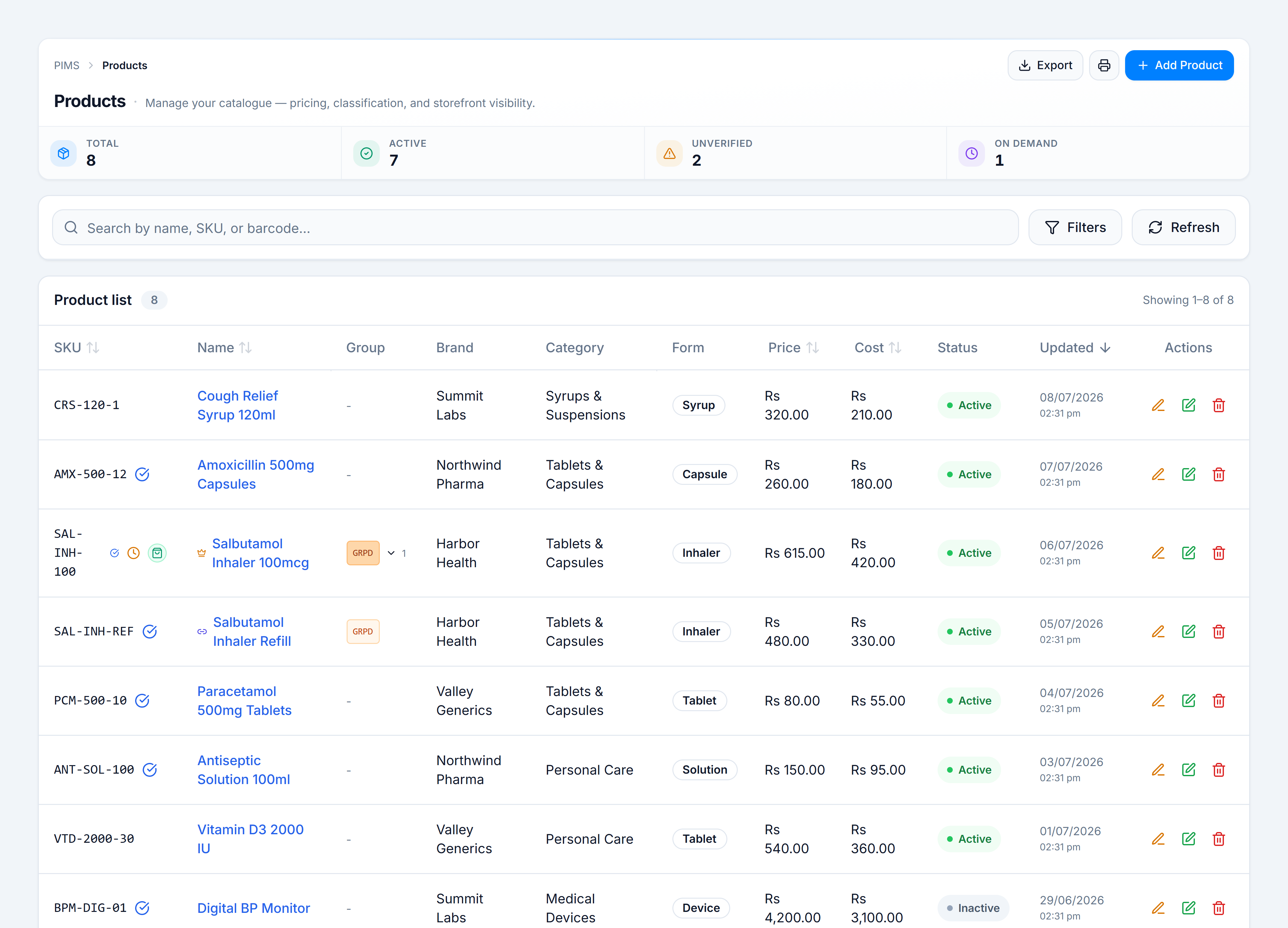 Products page — compact header with KPI strip, search toolbar, and product list table