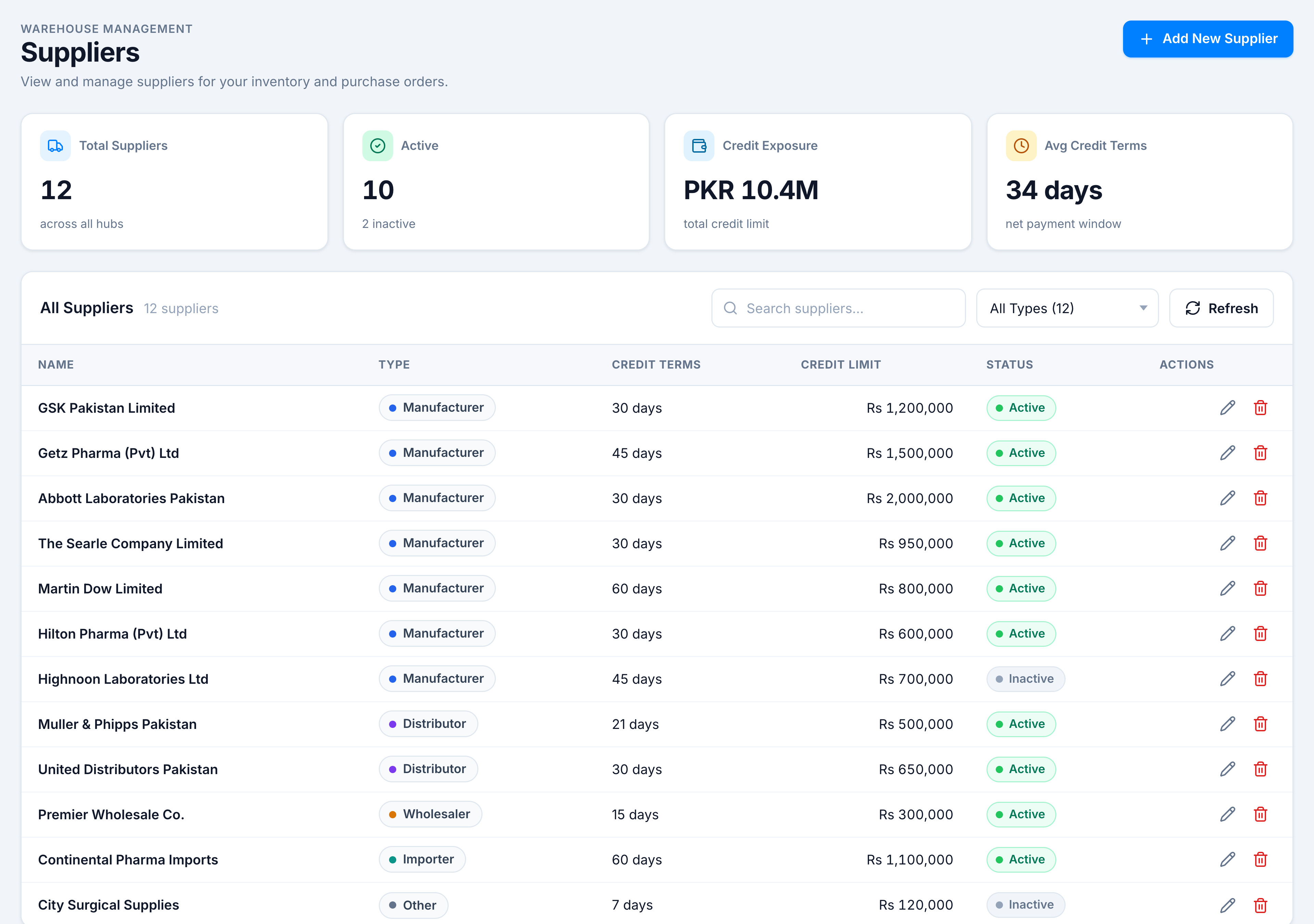The Suppliers list — KPI strip, search and type filter toolbar, and table rows with type and status pills.