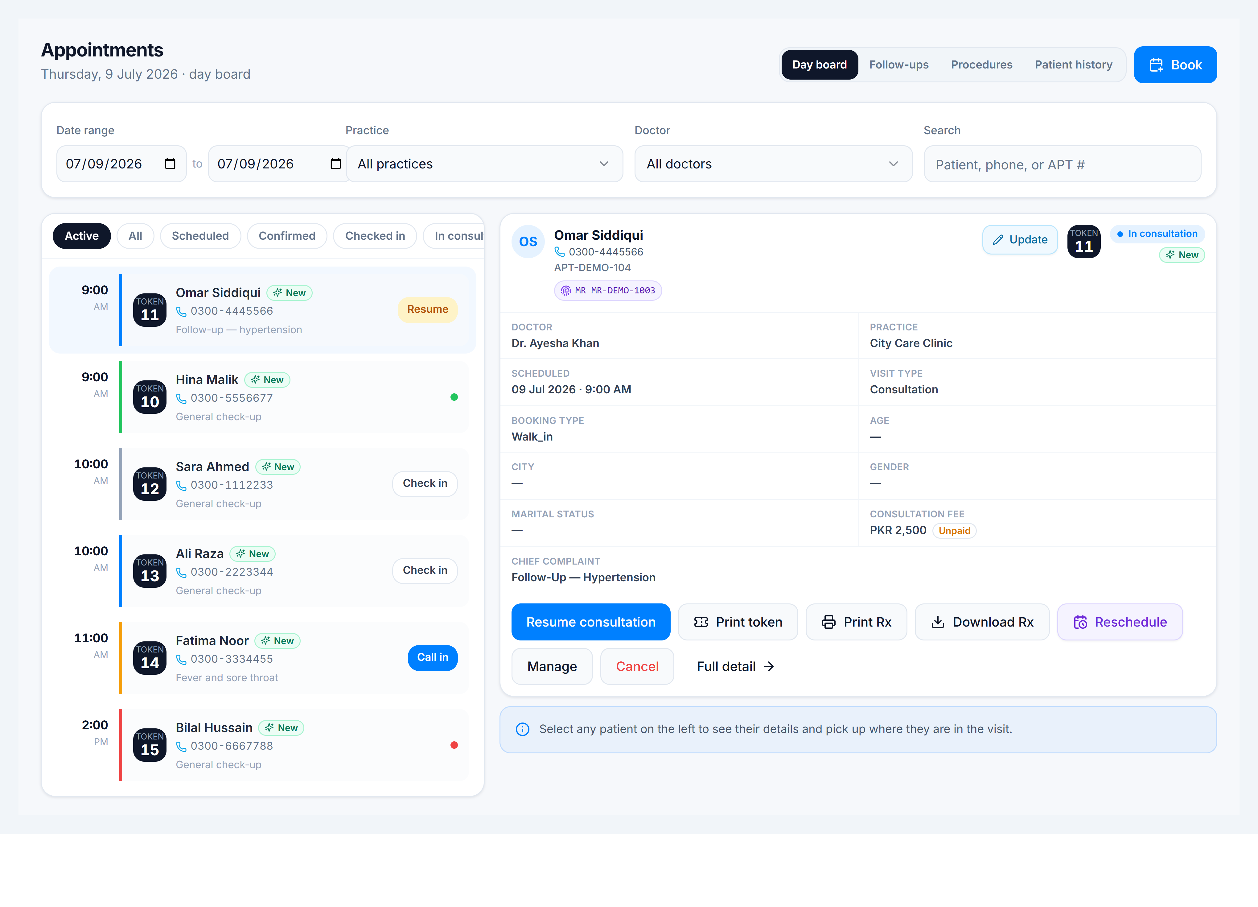 Appointments day board — status pills, token tiles, and patient rows