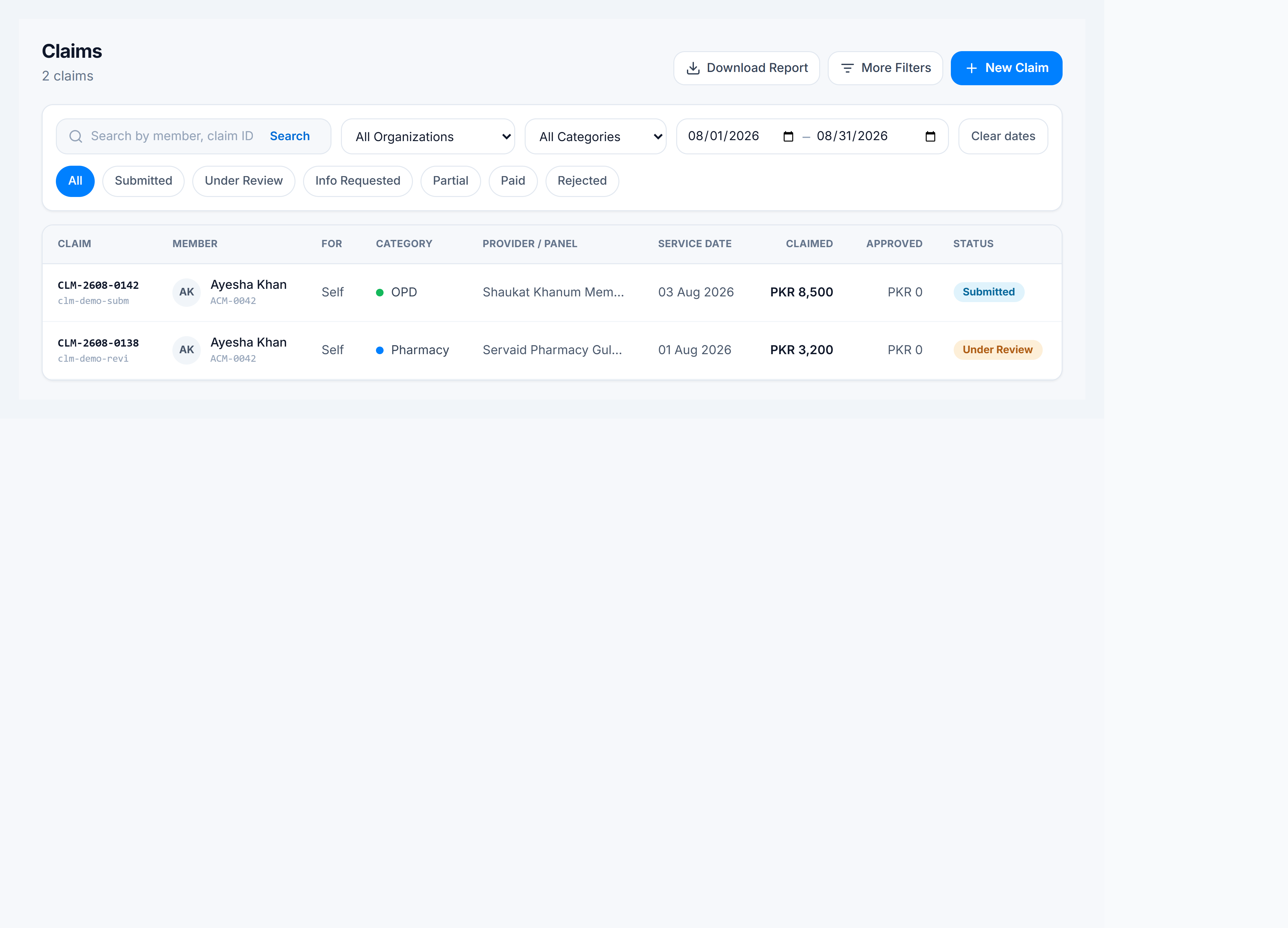 Claims list with filters, status chips, and claim rows