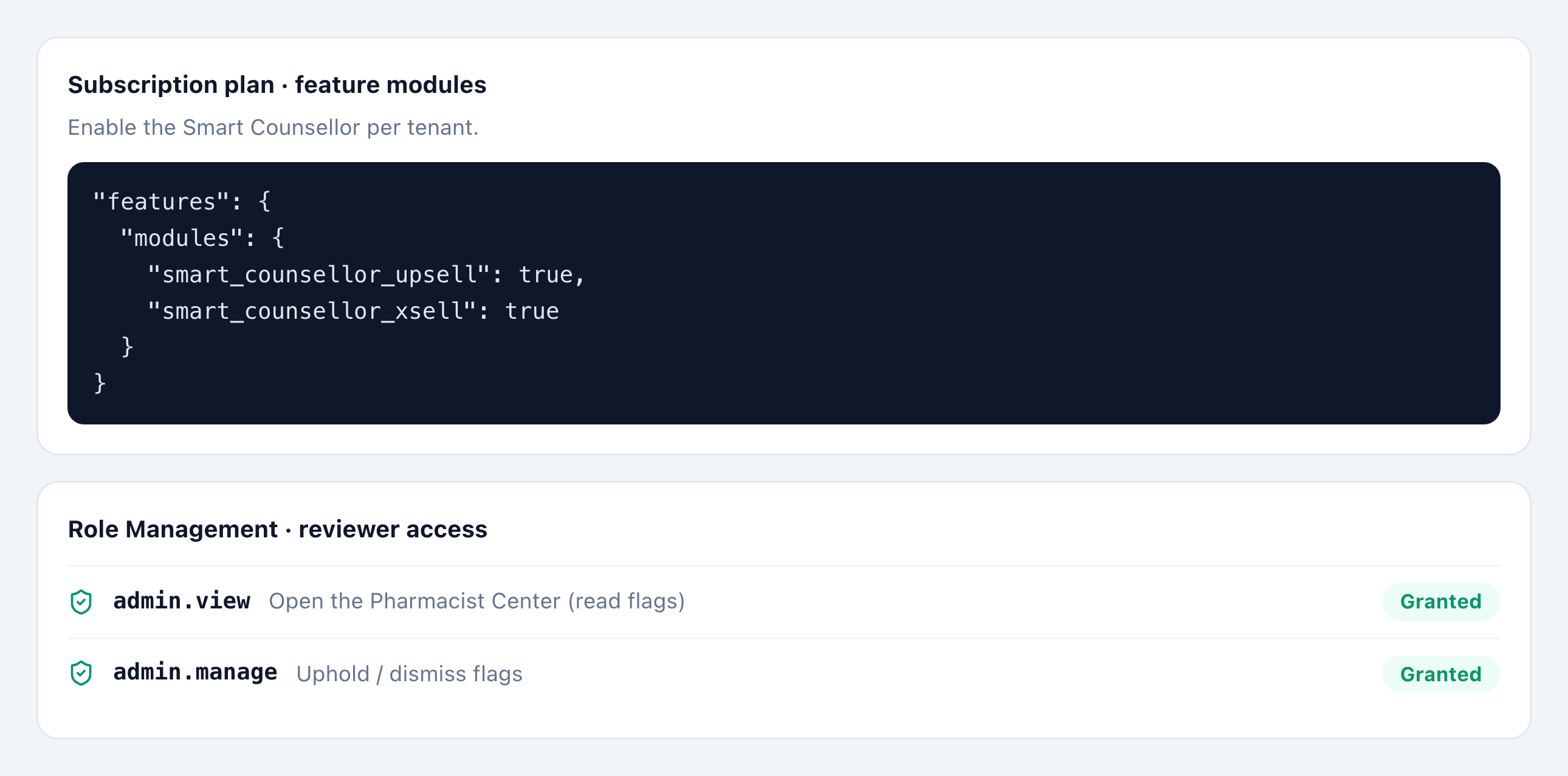 Tenant configuration showing the Smart Counsellor module toggles