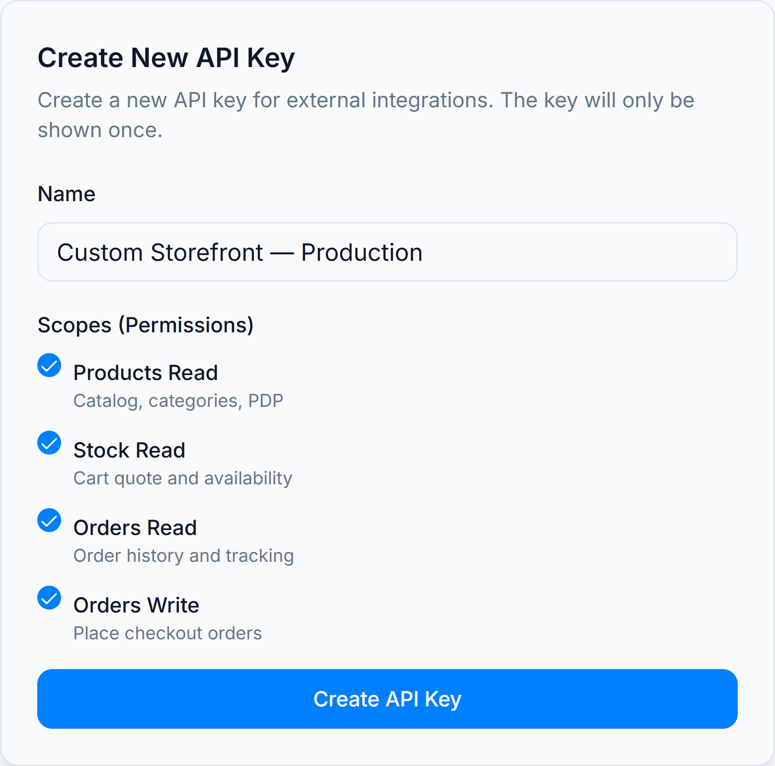 Create API Key dialog with products, stock, and orders scopes selected