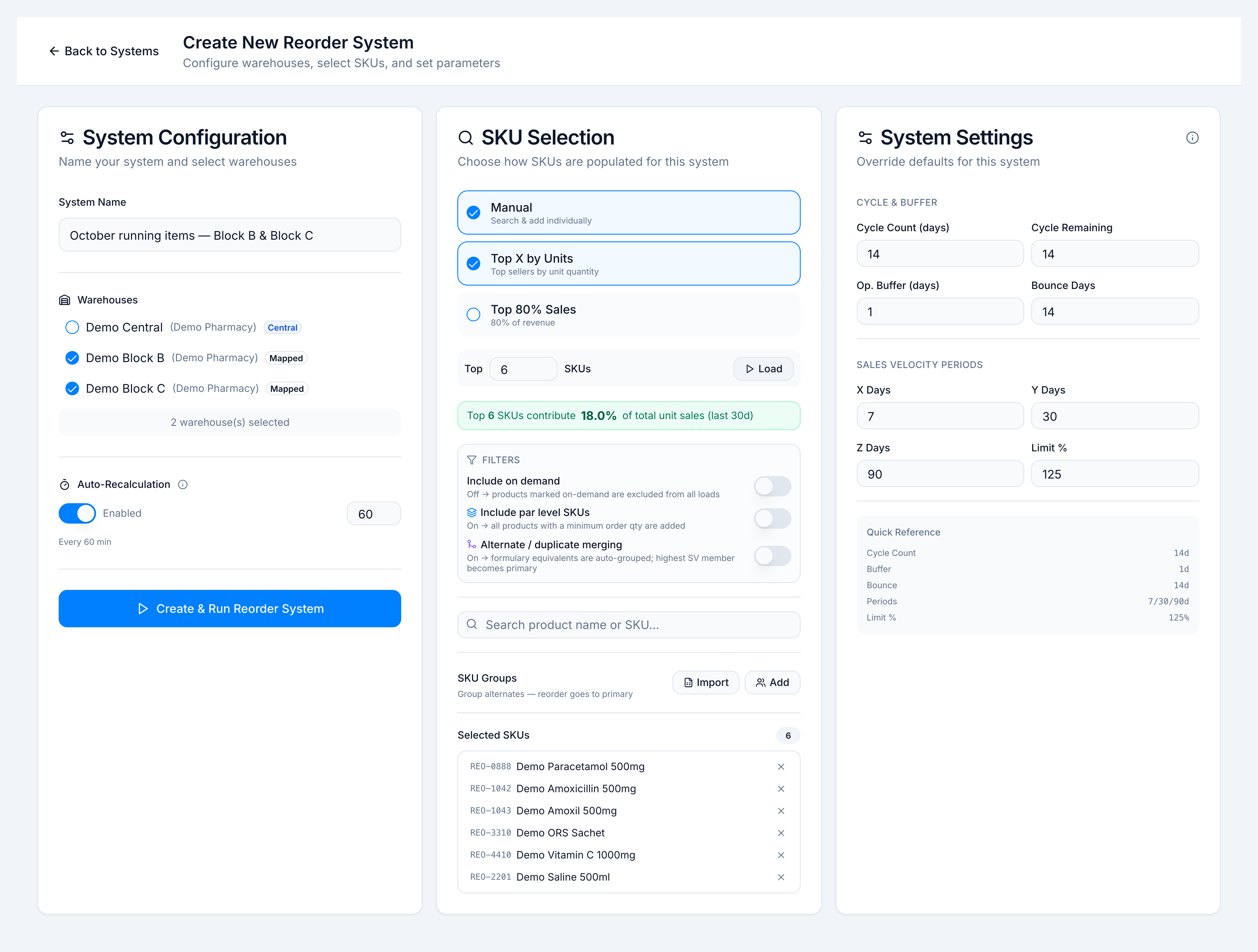 Create reorder system form named October running items, Demo Block B and Demo Block C ticked, and six demo SKUs loaded
