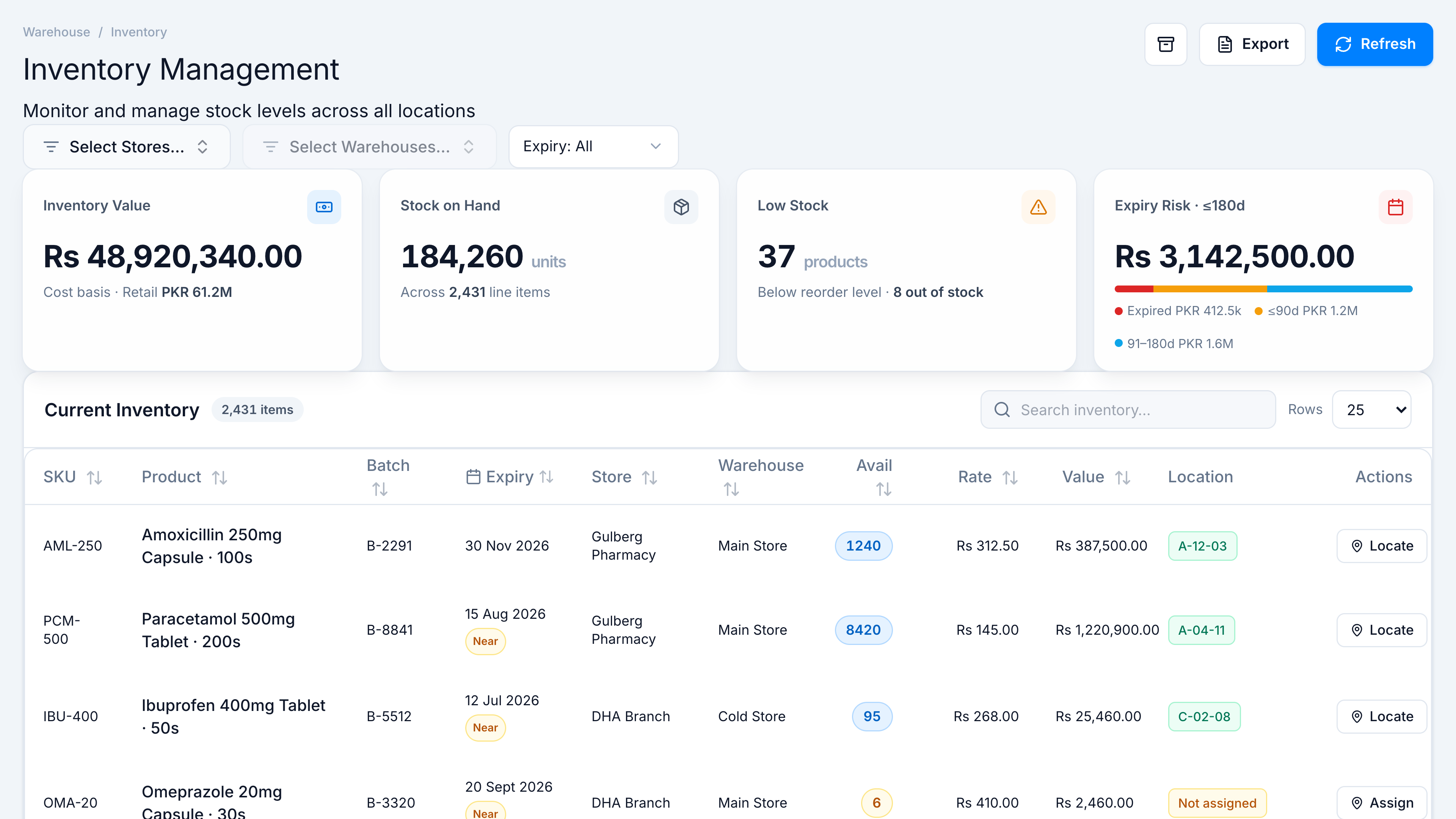 Hub toggle and location filters.