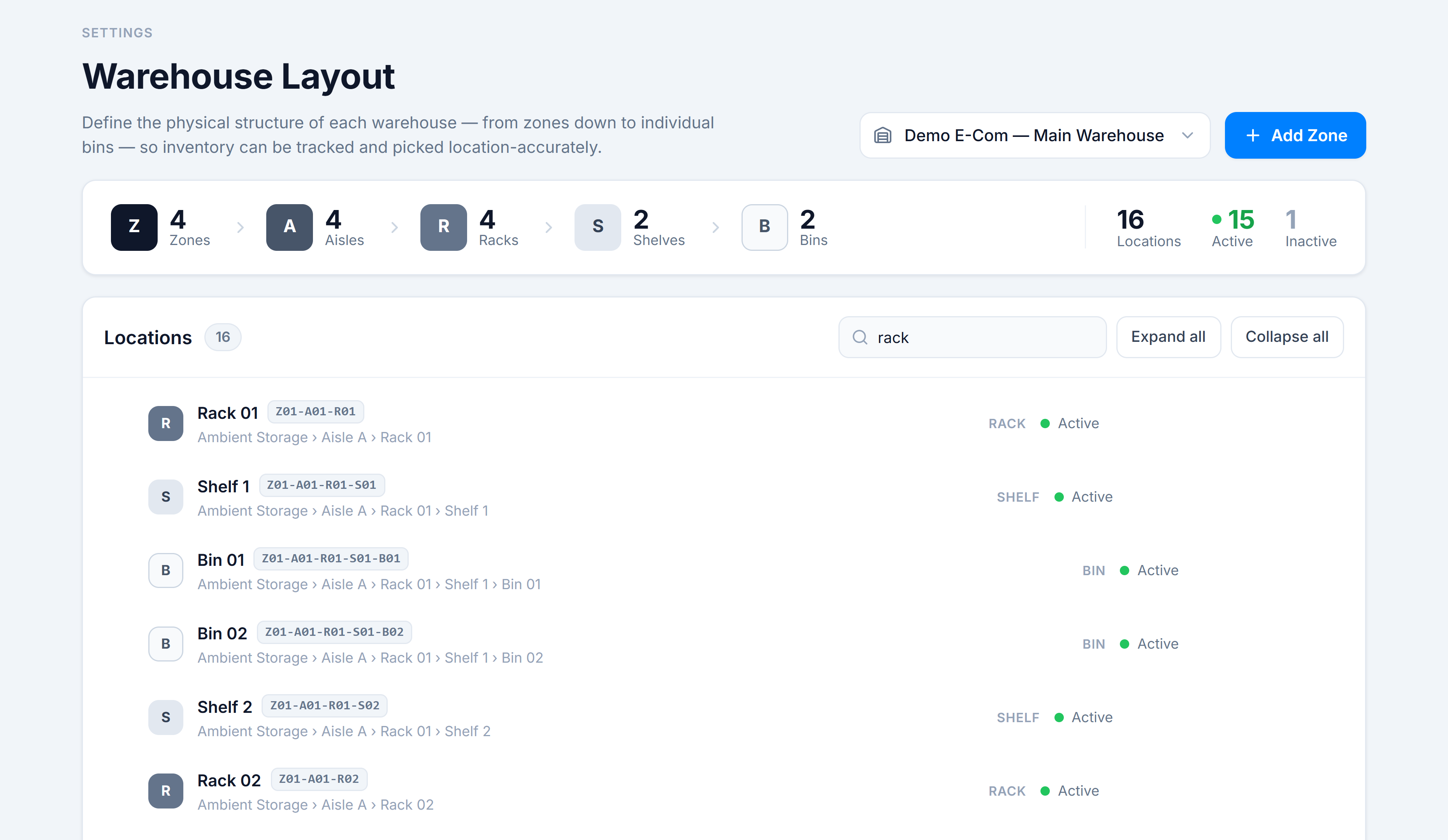 Locations tree filtered to 'rack' — a flat list of matching rows with their codes and paths