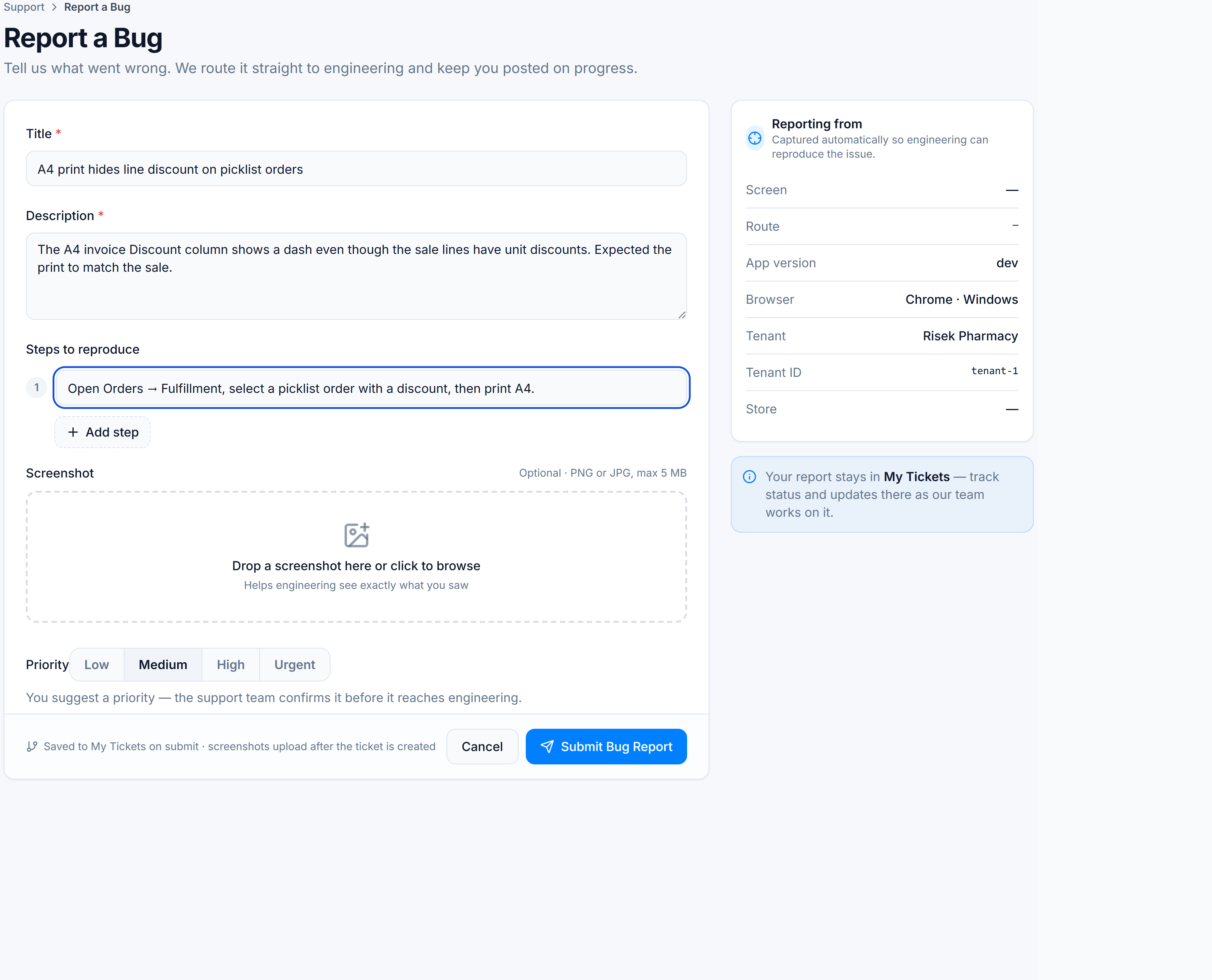 Report a Bug form with title, description, steps to reproduce, screenshot drop zone, priority, and automatic Reporting from context.