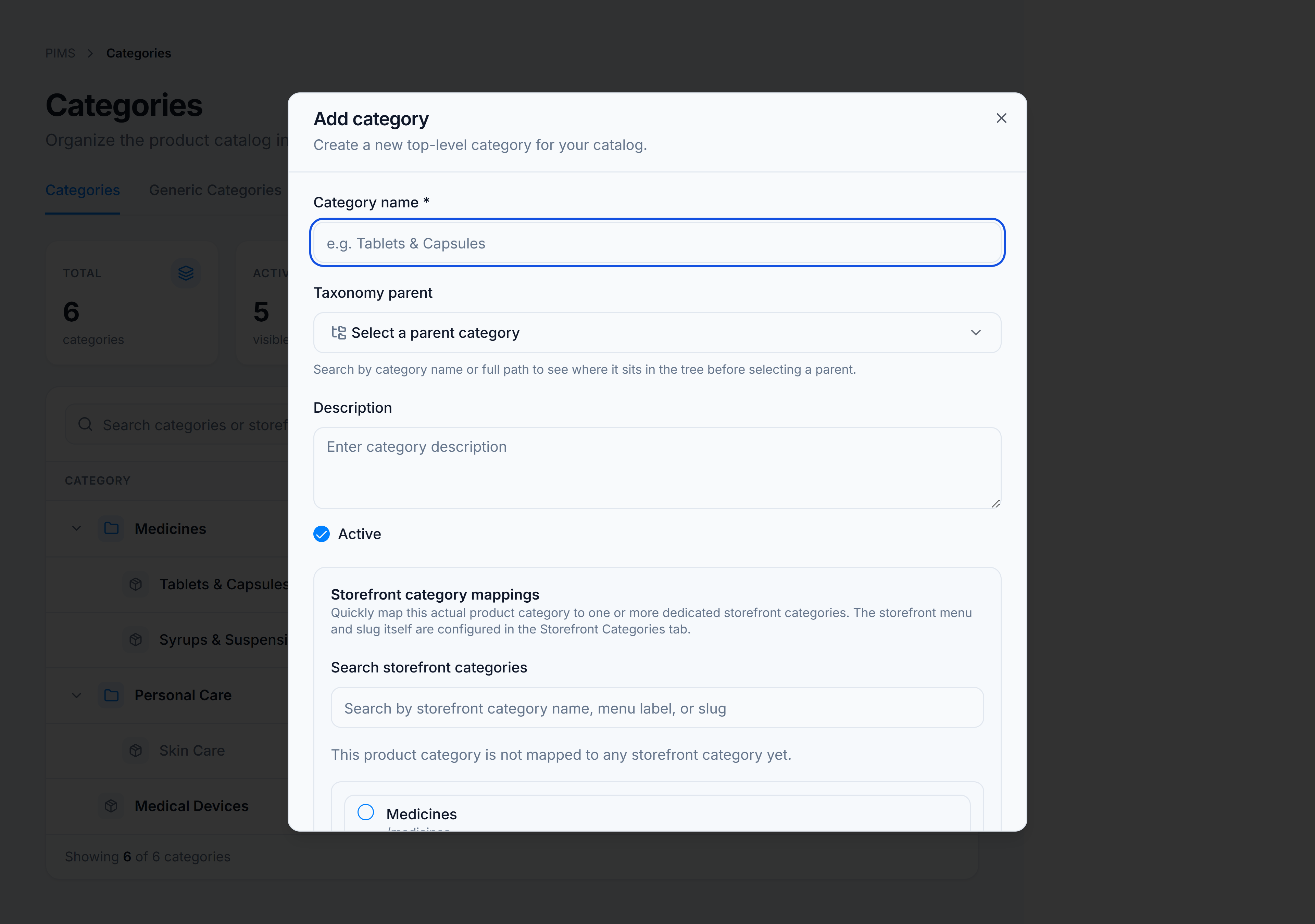 Add root category dialog with name, description, active checkbox, and storefront mapping section