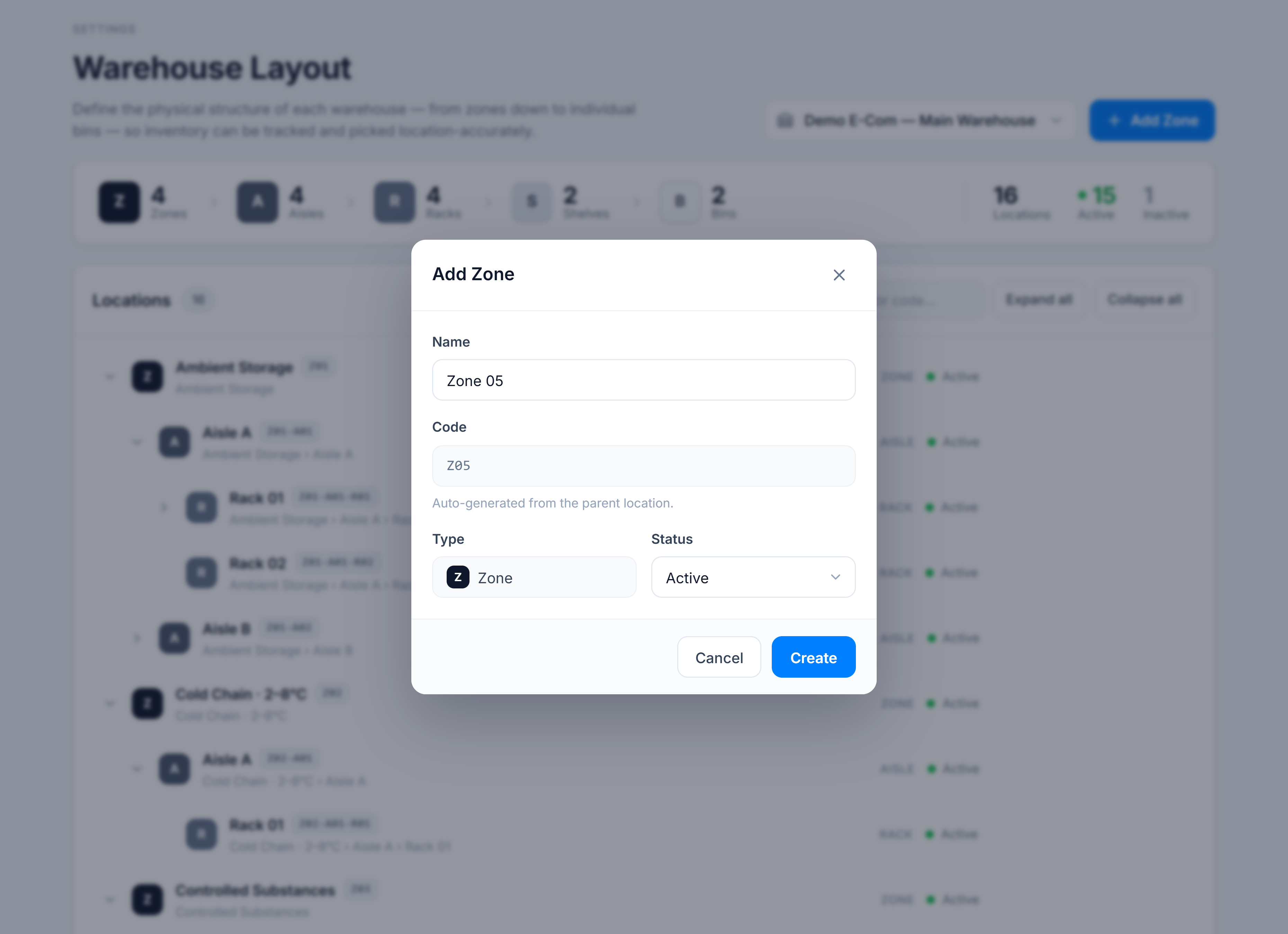 Add Zone dialog with a name and an auto-generated code