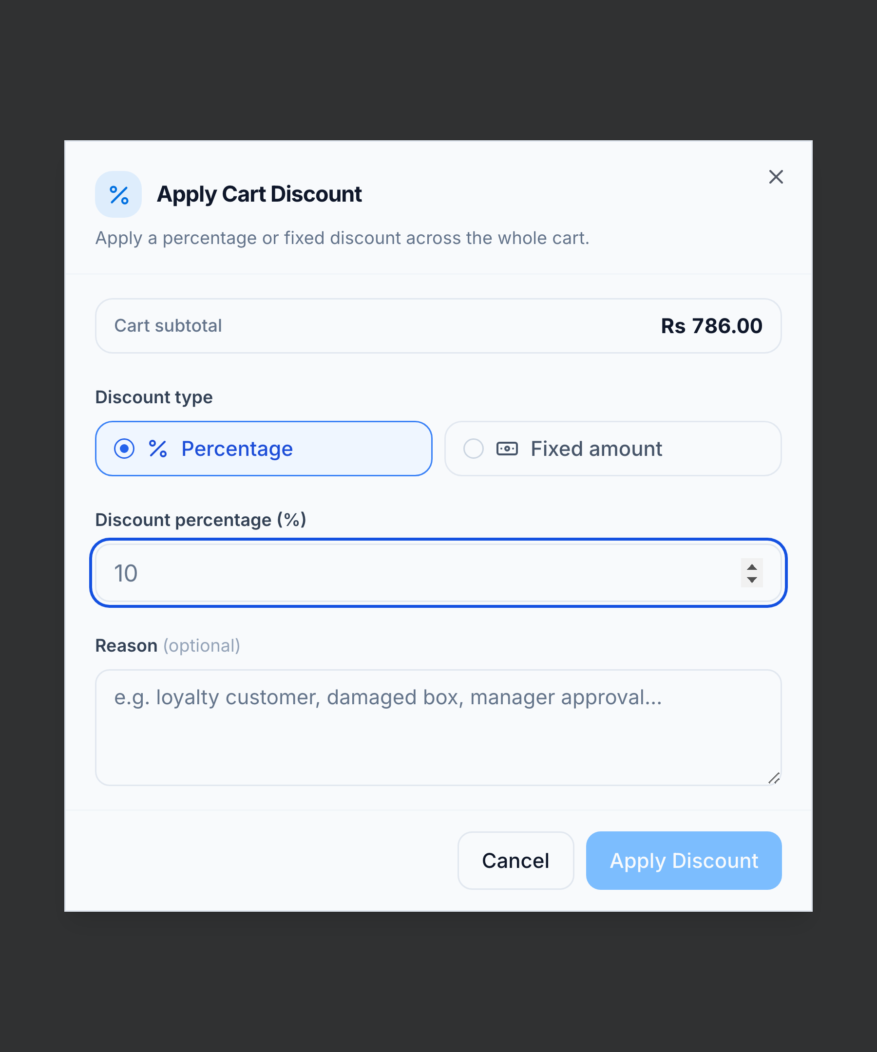 Apply Cart Discount dialog — Percentage or Fixed Amount, value, and reason