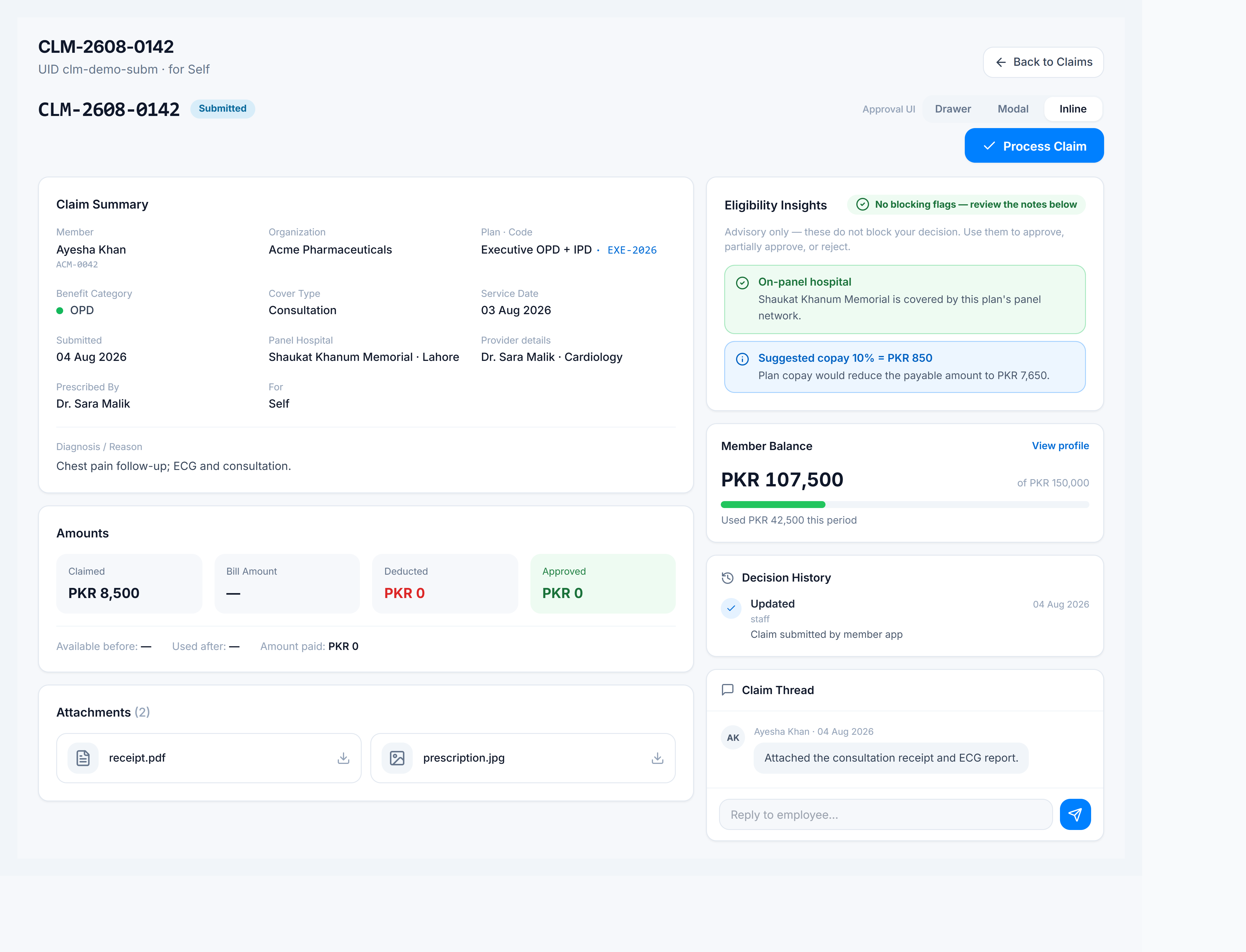 Claim detail with summary, advisories, and Process Claim action