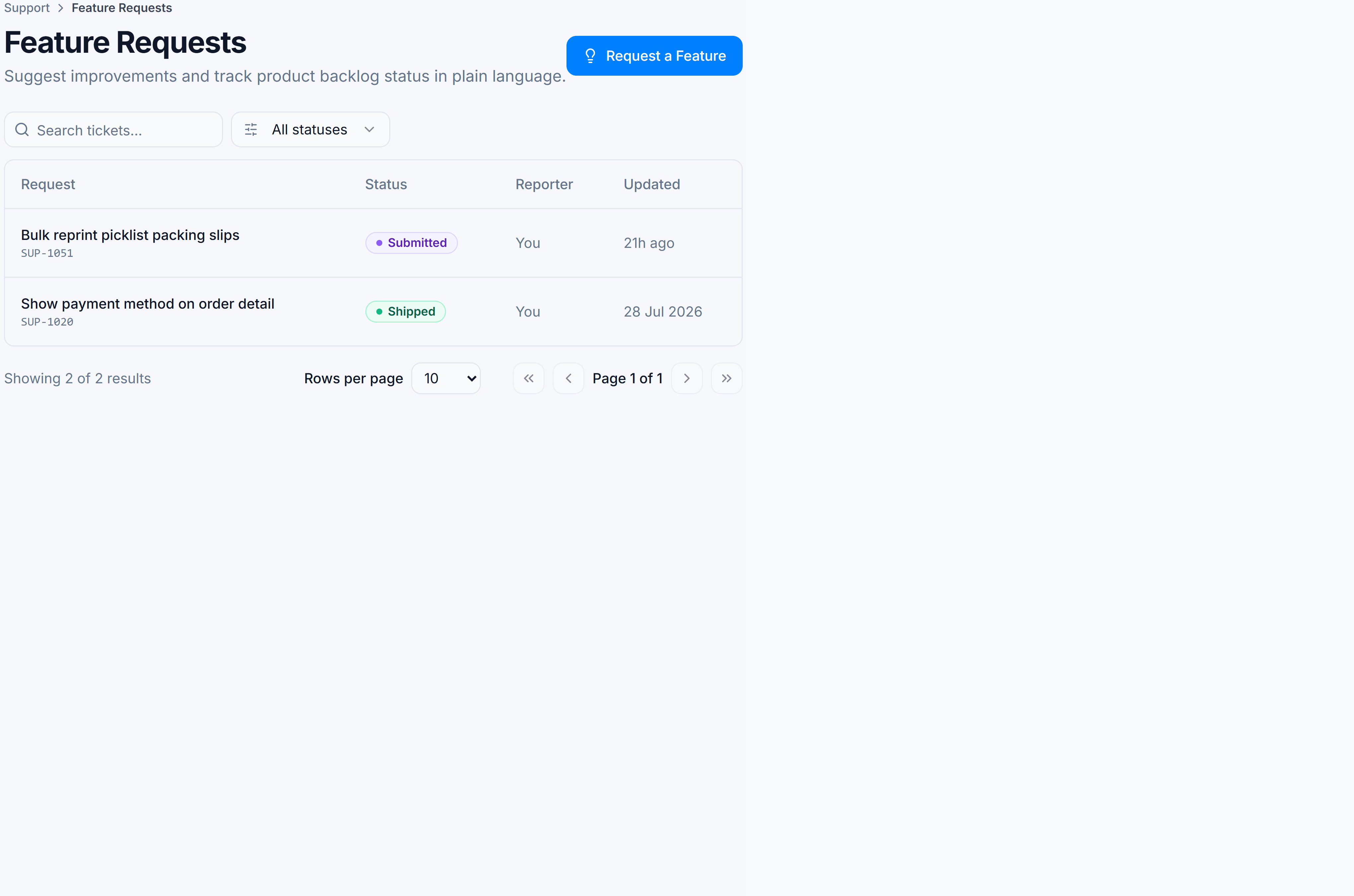 Feature Requests list showing Submitted and Shipped requests with Request a Feature action.