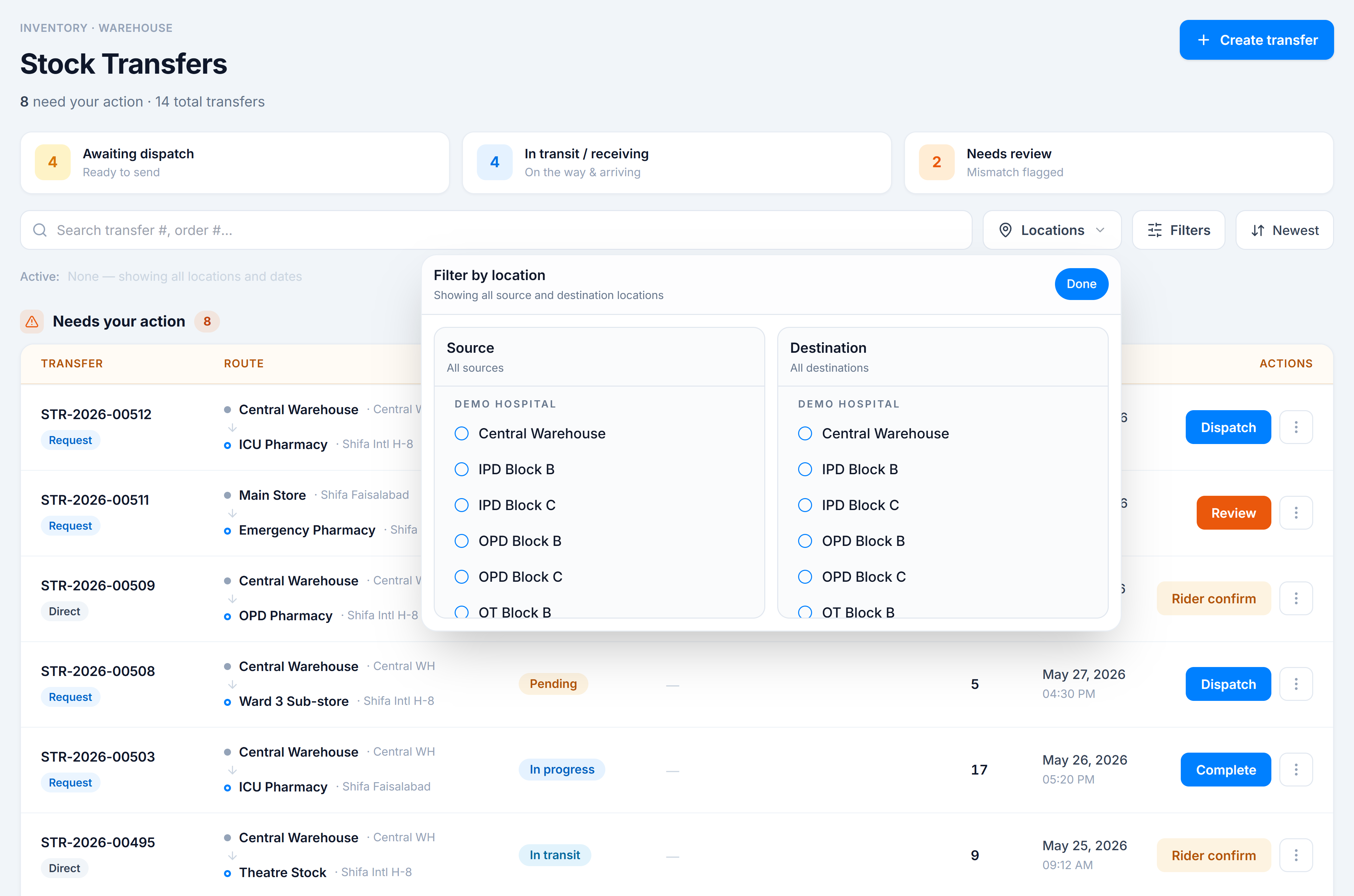 Locations popover — Source and Destination columns, warehouses grouped by store with checkboxes