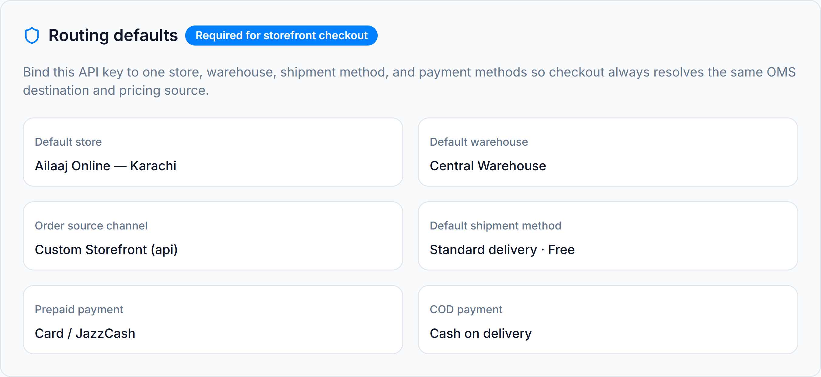 Routing defaults bound to store, warehouse, api order source, and payment methods