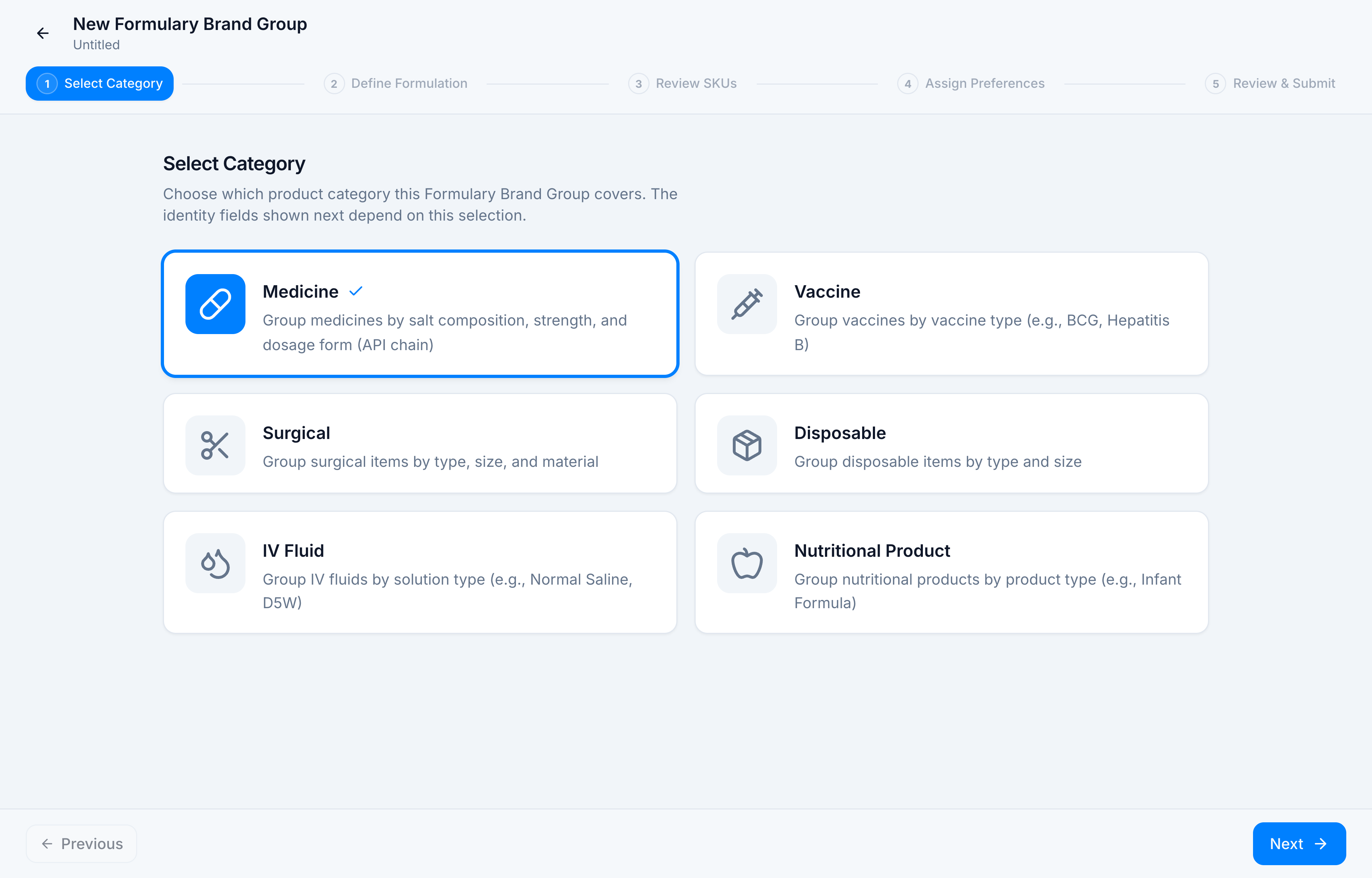 Select Category step with Medicine chosen