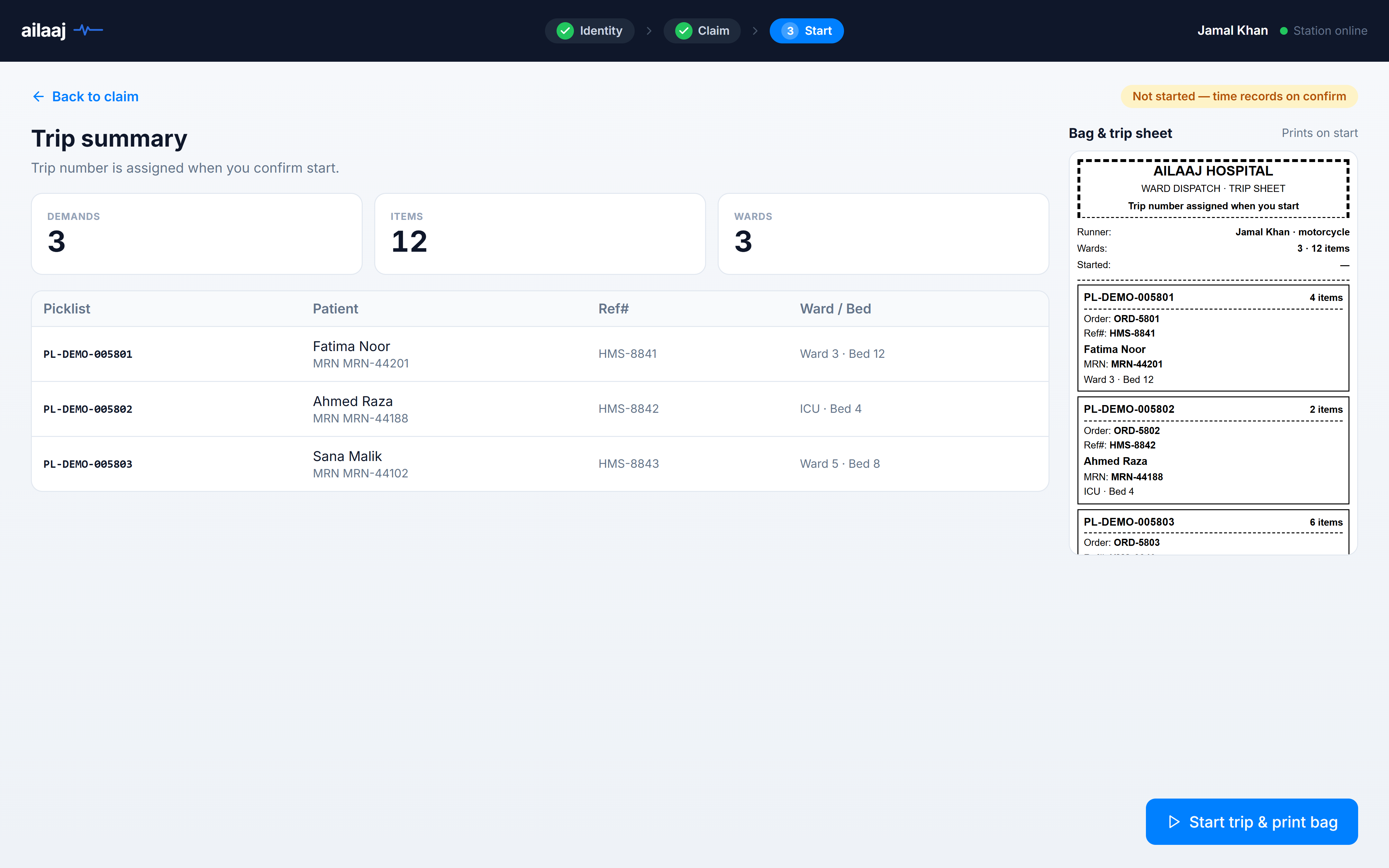 Start trip review with trip sheet preview