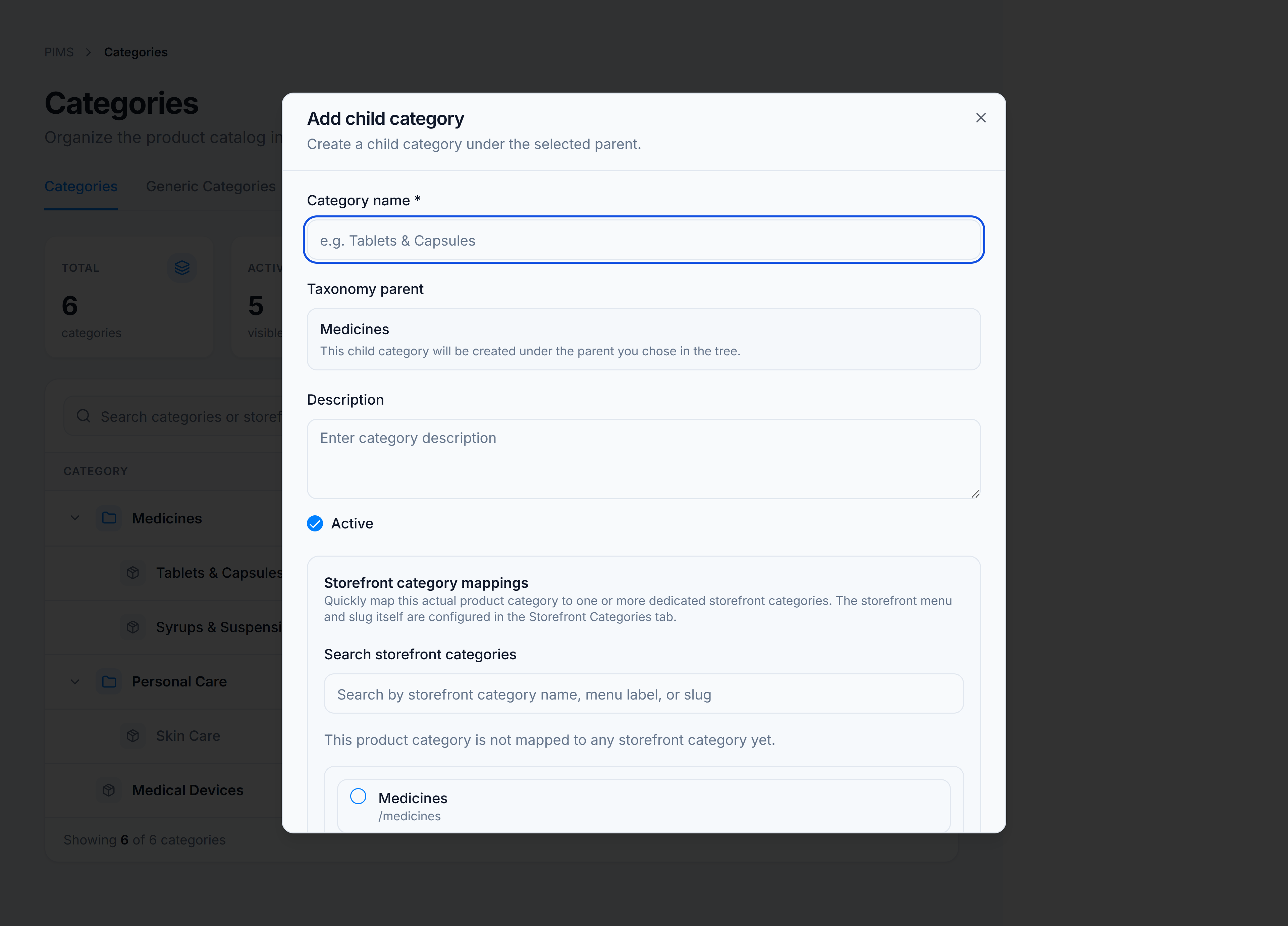 Add child category dialog — name field, active checkbox, and storefront category mapping checklist