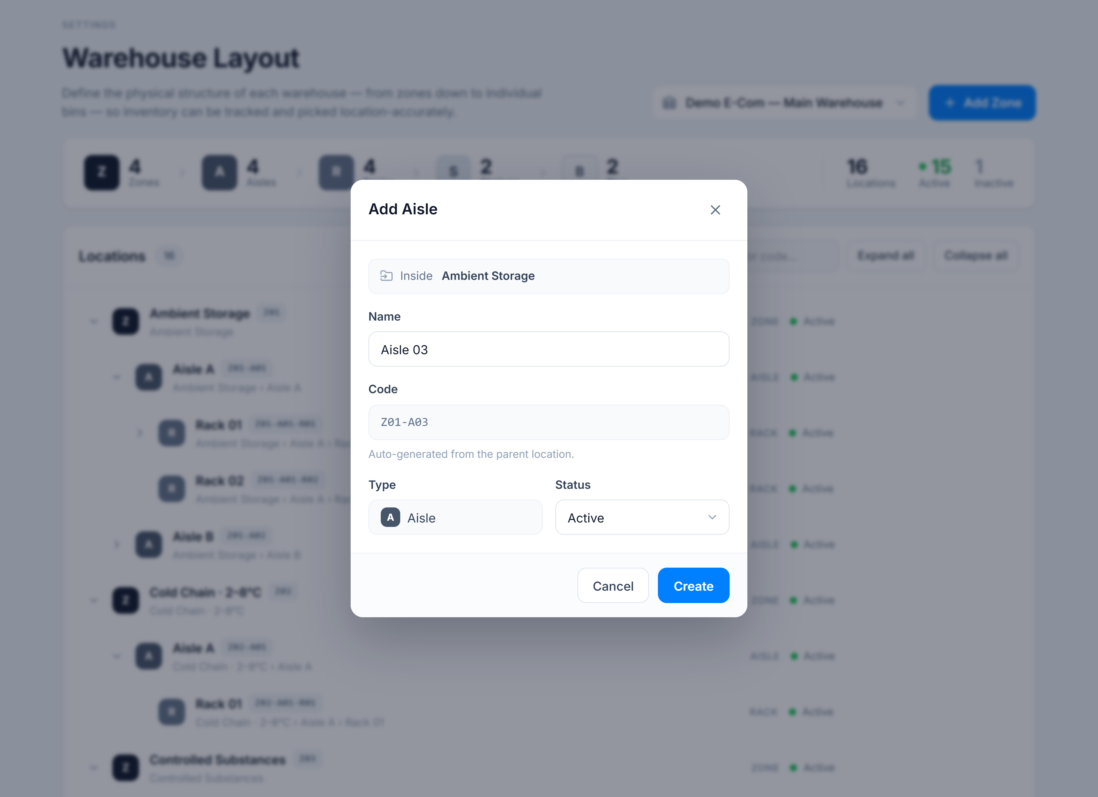 Add Aisle dialog — an 'Inside Ambient Storage' parent banner, Name field, auto-generated Code, a Type chip, and a Status select