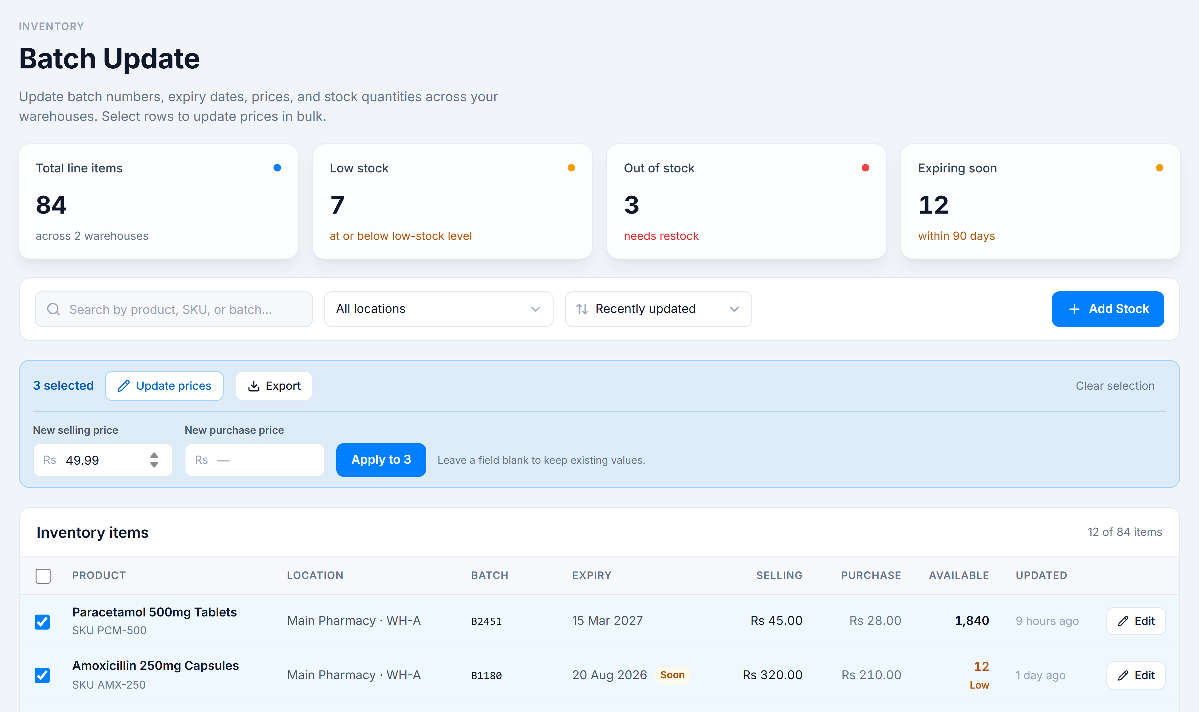 Bulk action bar expanded — New selling price and New purchase price inputs, an Apply to N button, and a note that a blank field keeps existing values