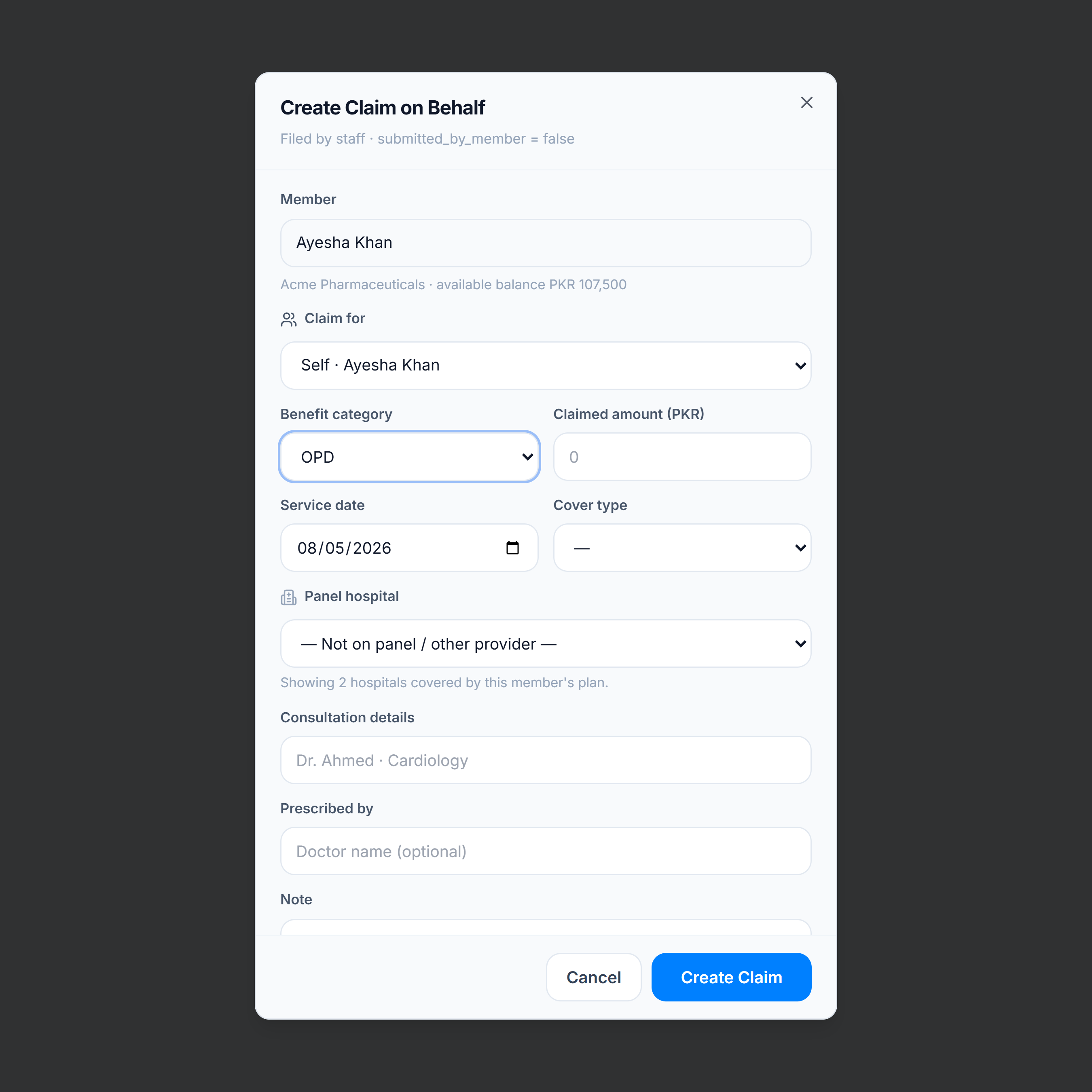 Create Claim on Behalf dialog