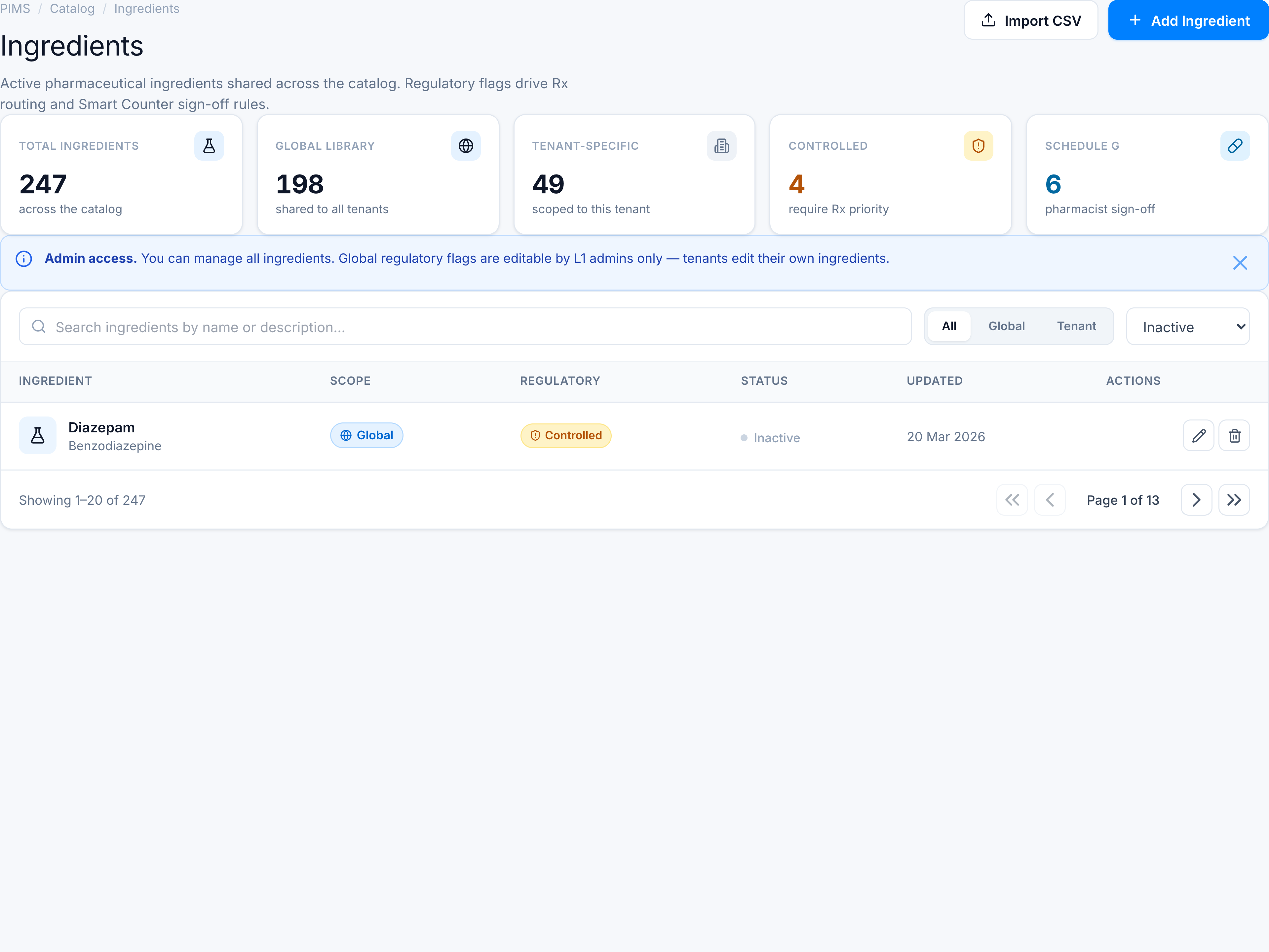 Inactive status filter showing Diazepam.