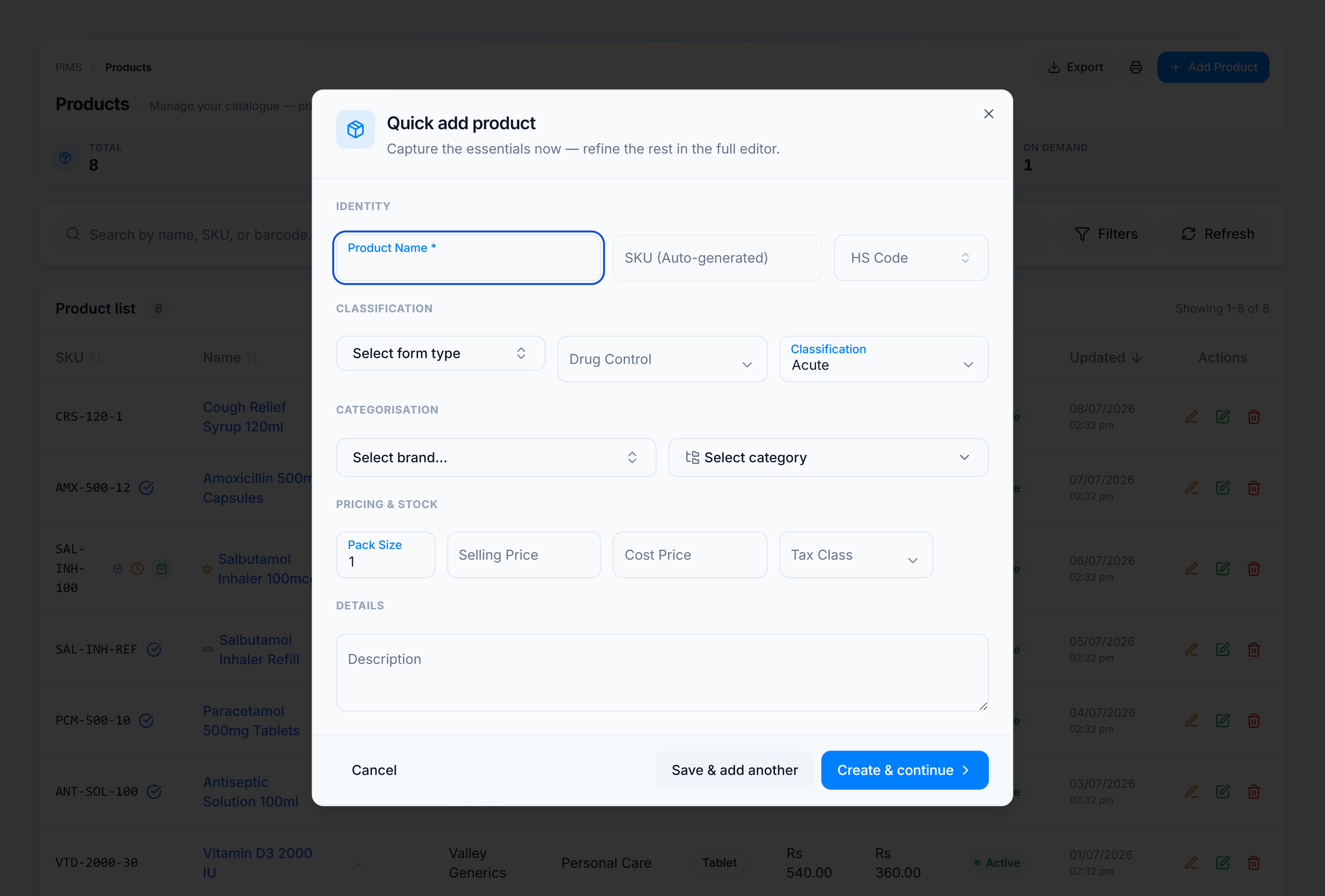 Quick Add product dialog with identity, classification, and pricing sections