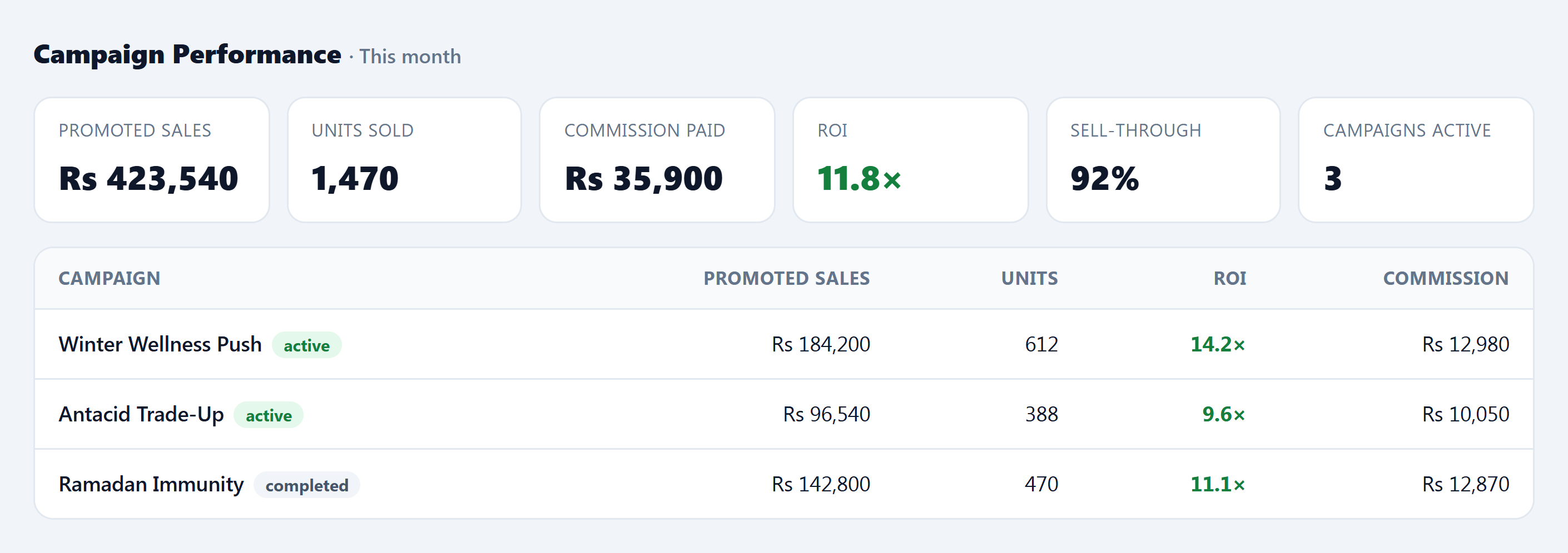 Campaign Performance report — KPI tiles and a per-campaign table