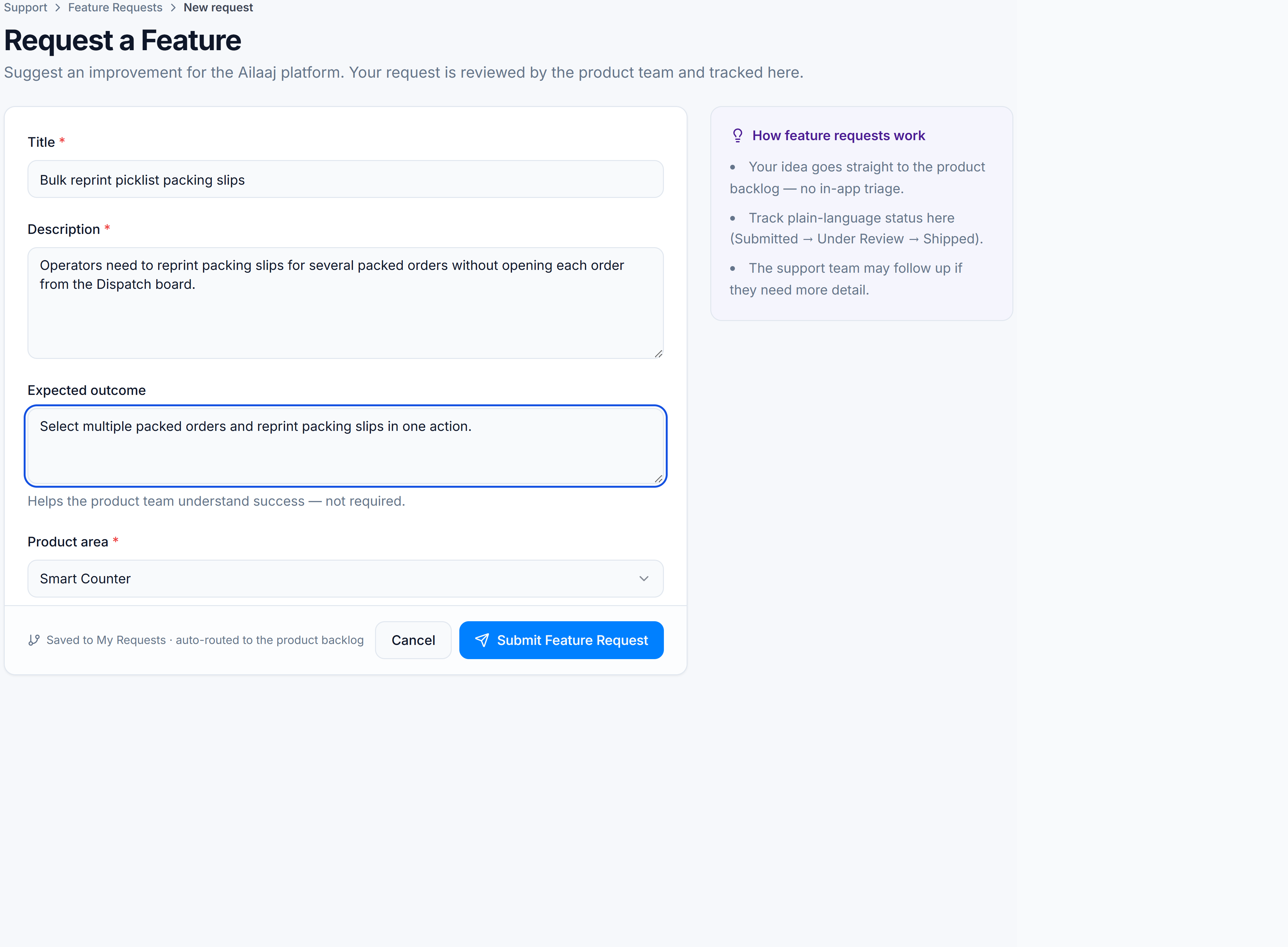 Request a Feature form with title, description, expected outcome, and product area.