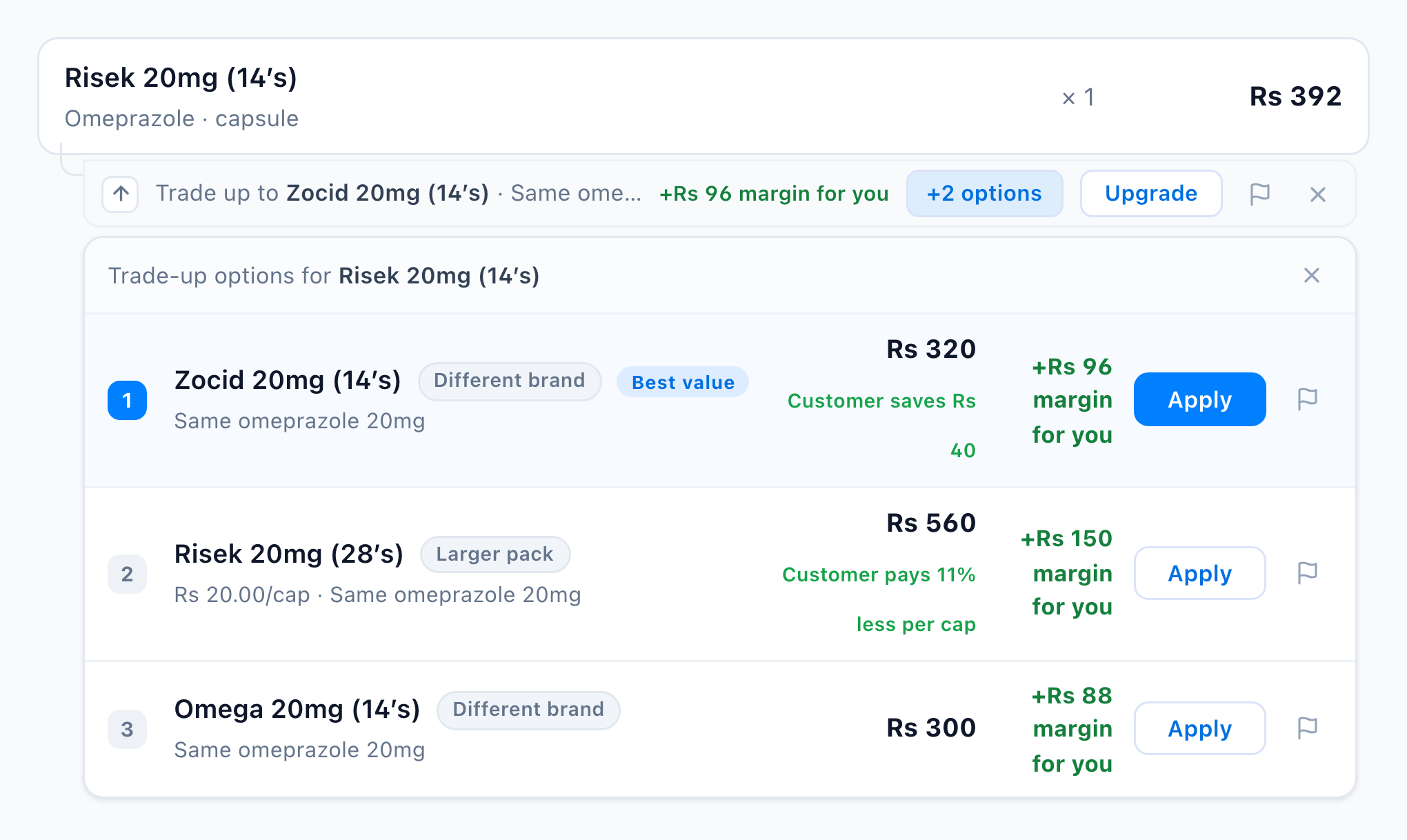 Ranked trade-up options popover