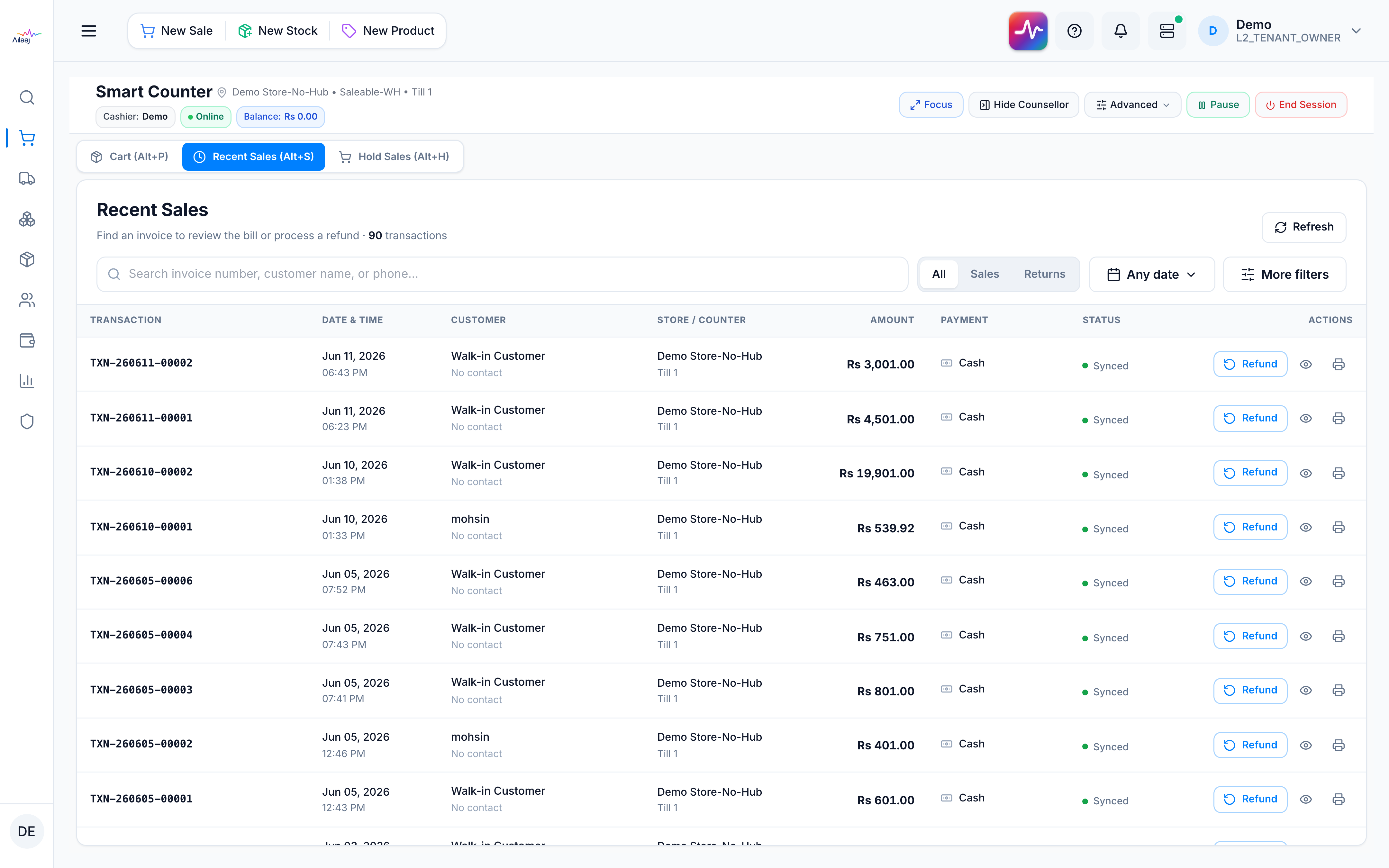 Process Refund dialog — original sale, per-line Add buttons, Items to Return, reason, and refund method