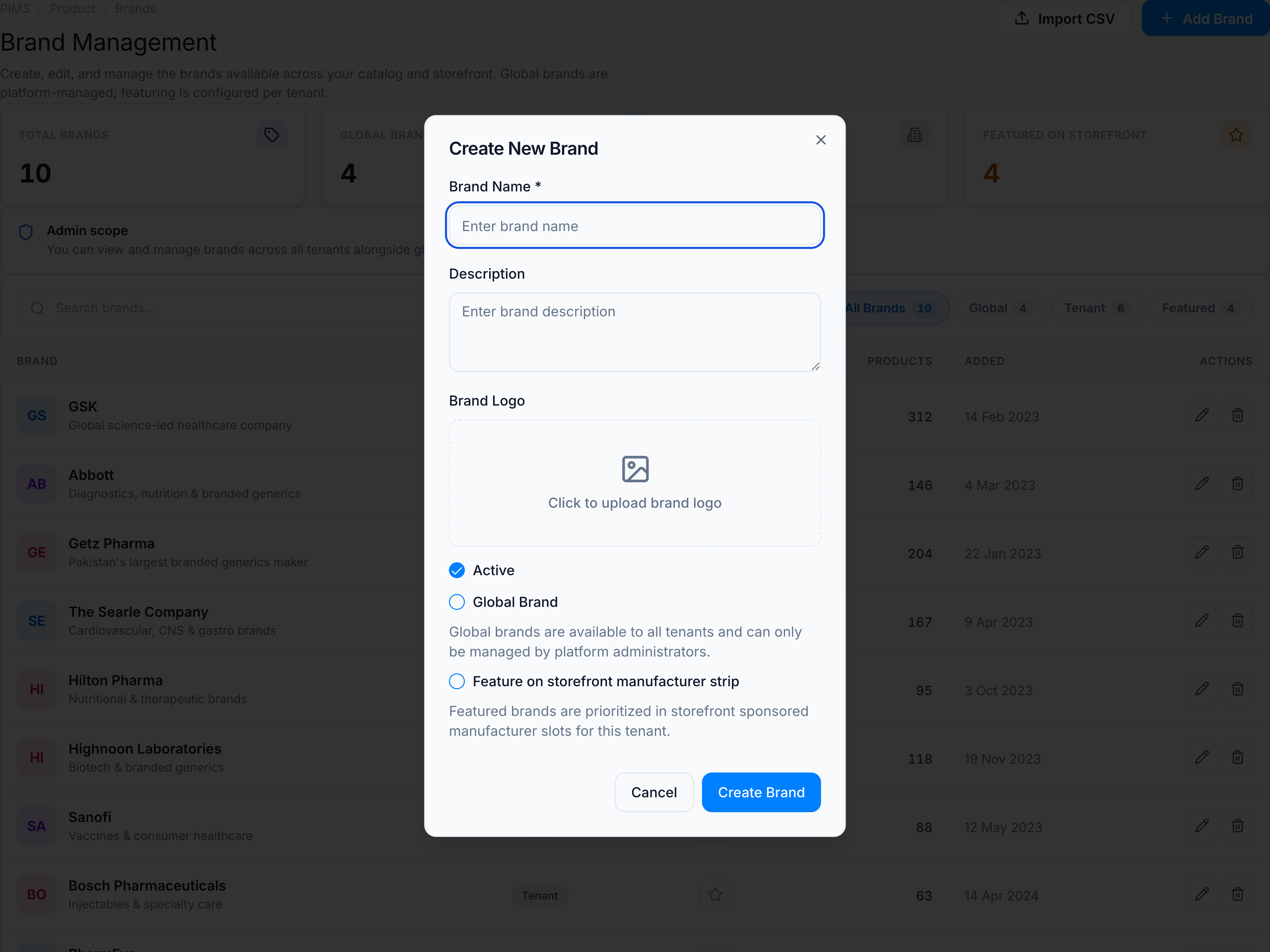 Create New Brand dialog.