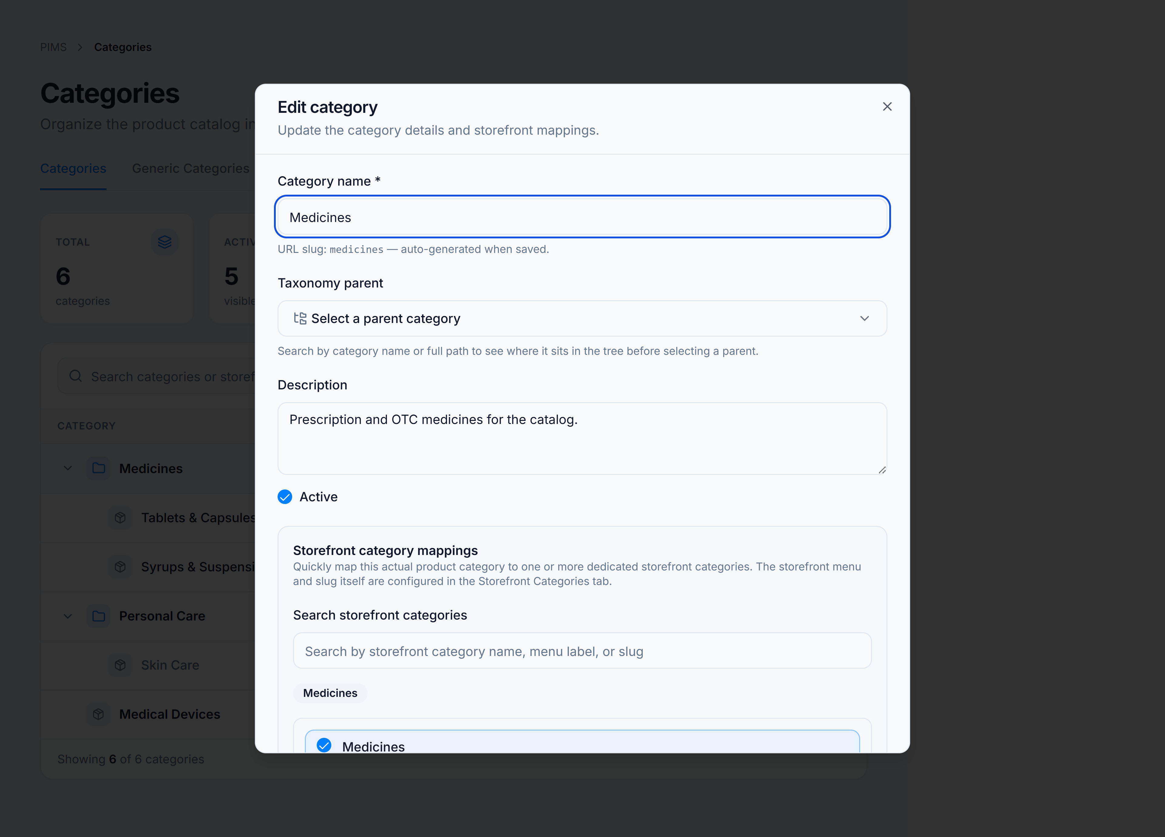 Edit category dialog showing name, taxonomy parent, description, active toggle, and storefront mappings
