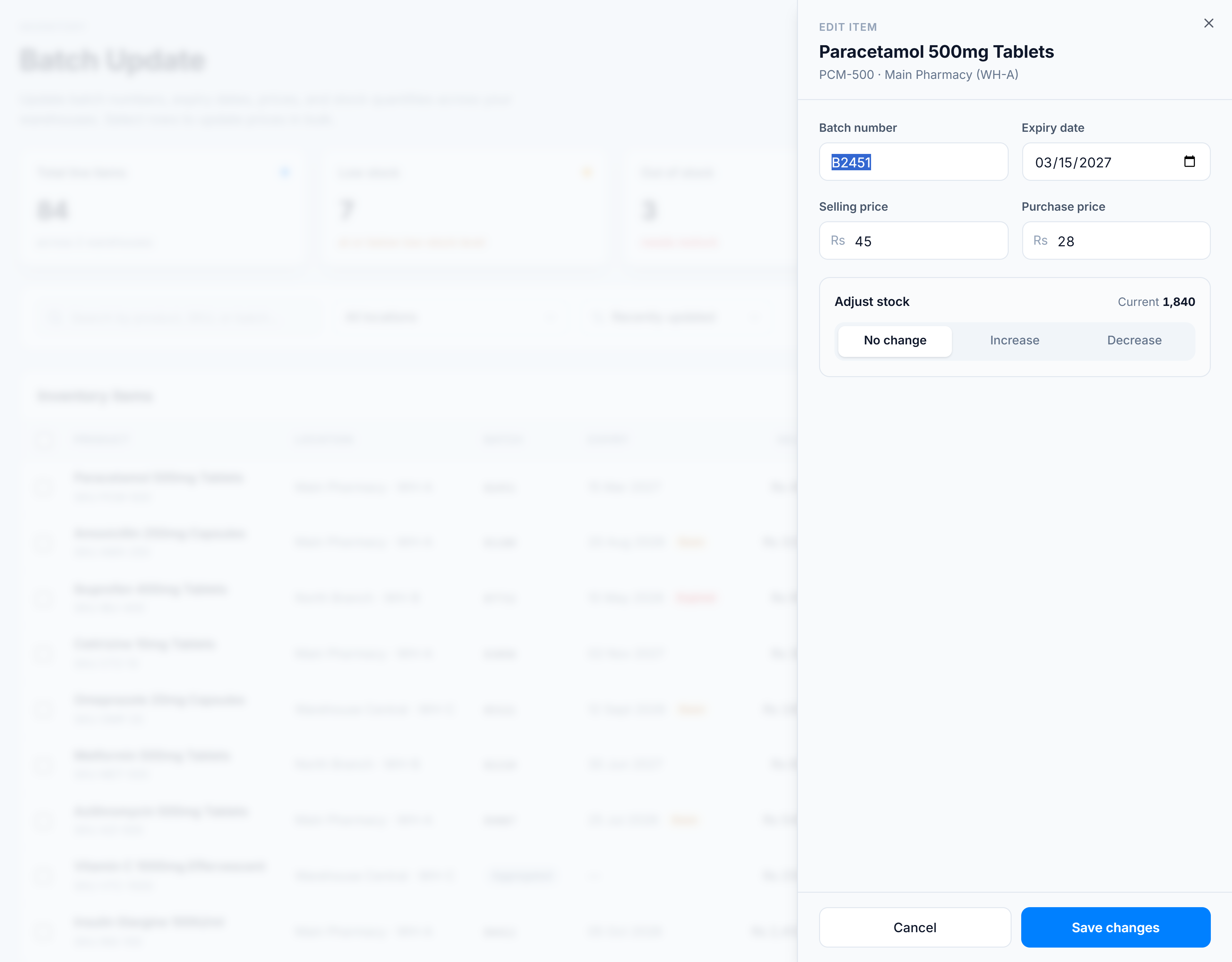 Edit drawer open on the right — eyebrow Edit item, product name, SKU and location, batch number and expiry fields, selling and purchase price fields, and an Adjust stock control
