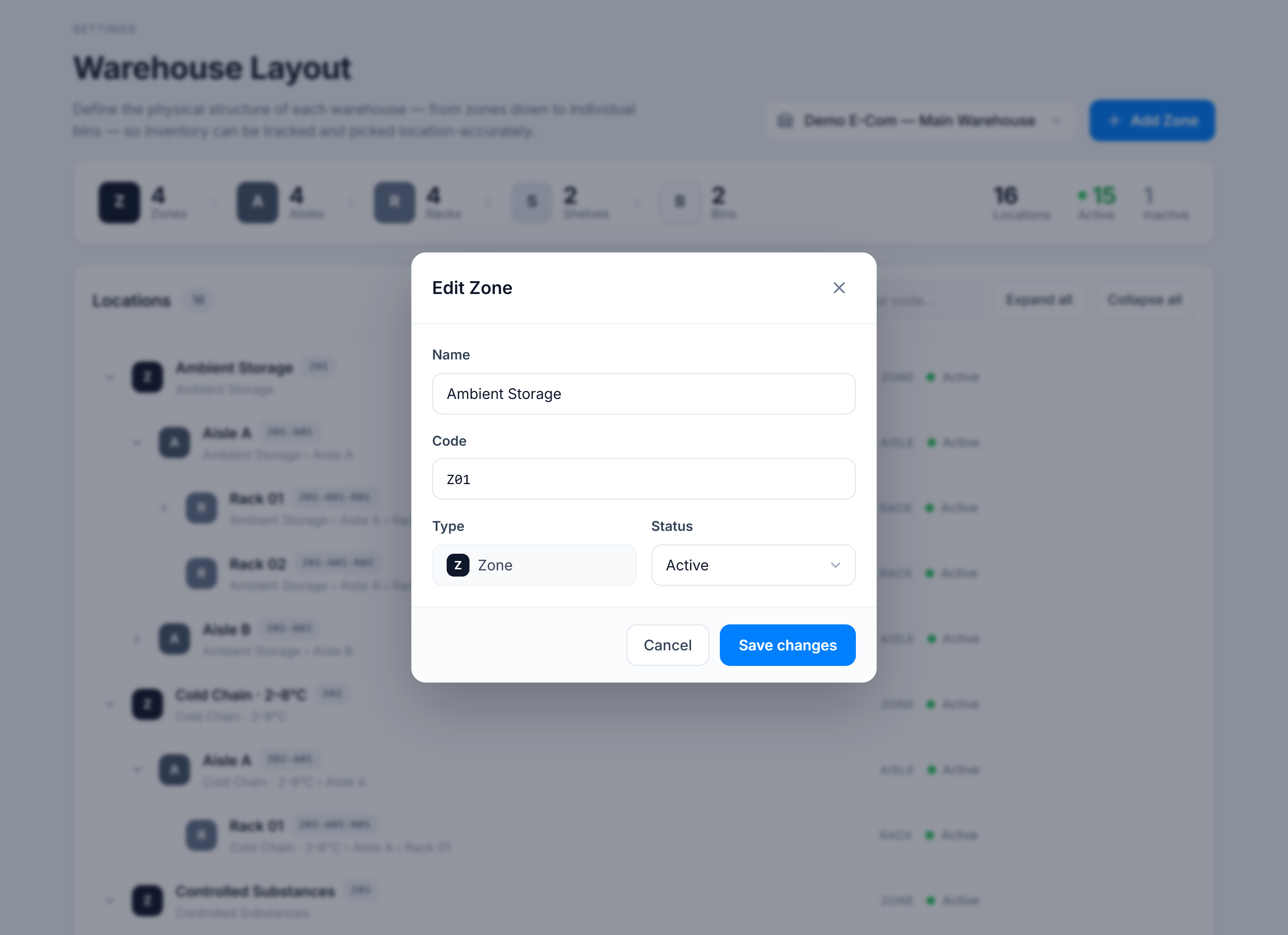 Edit Zone dialog — Name and Code fields, a Type chip, and a Status select