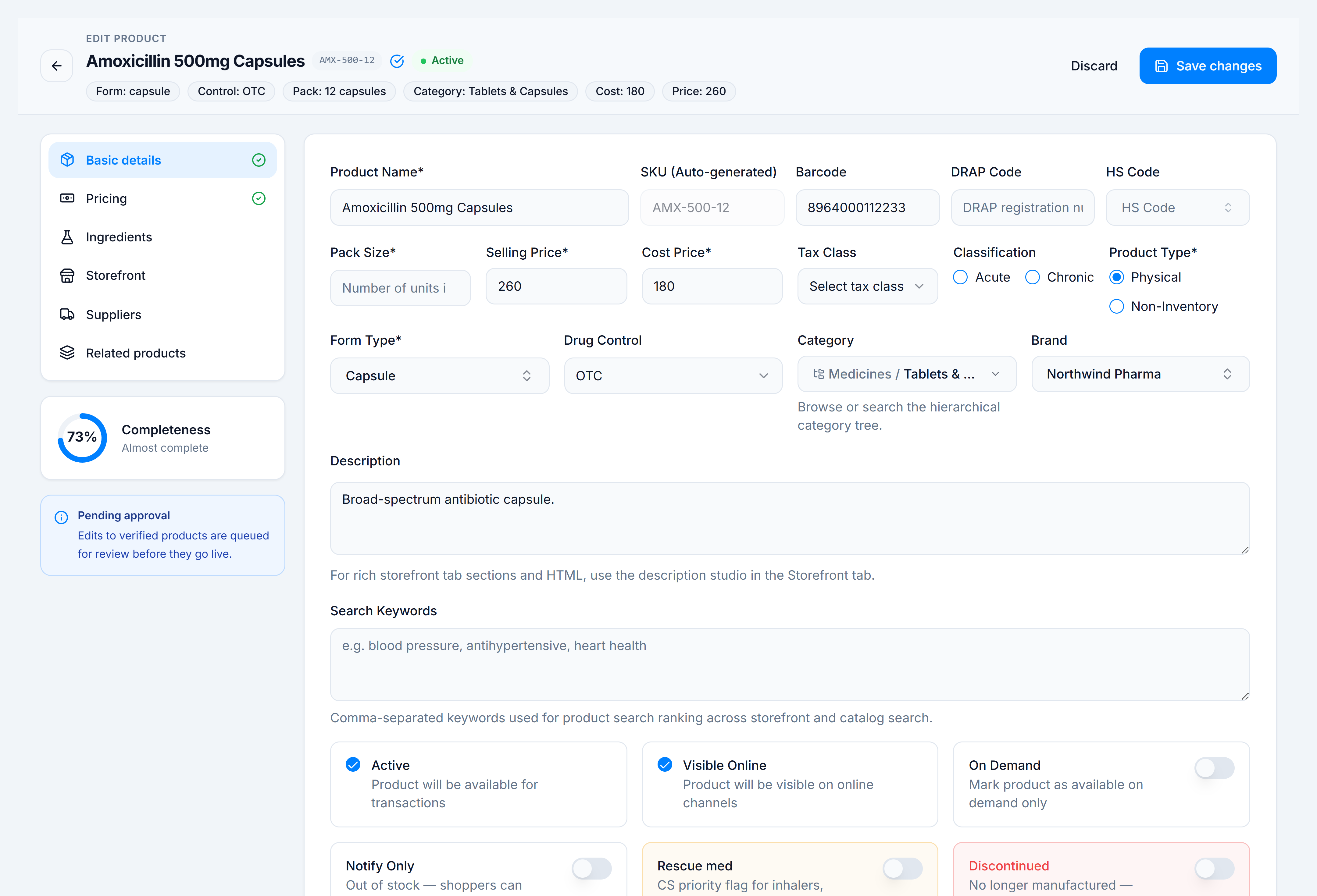 Product edit page with sticky header, metadata chips, and sidebar tabs