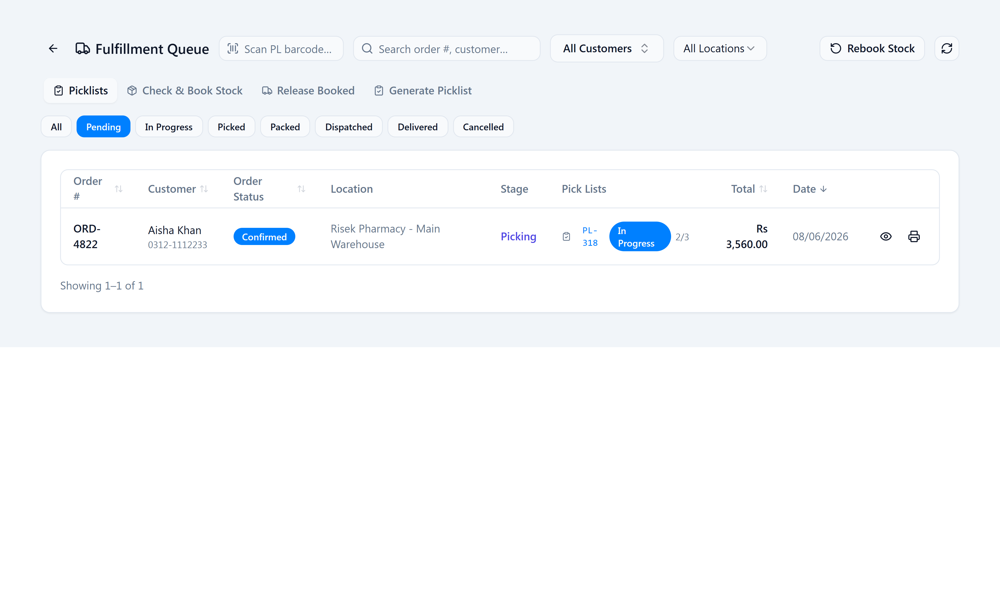 The Fulfillment Queue listing picklists by stage