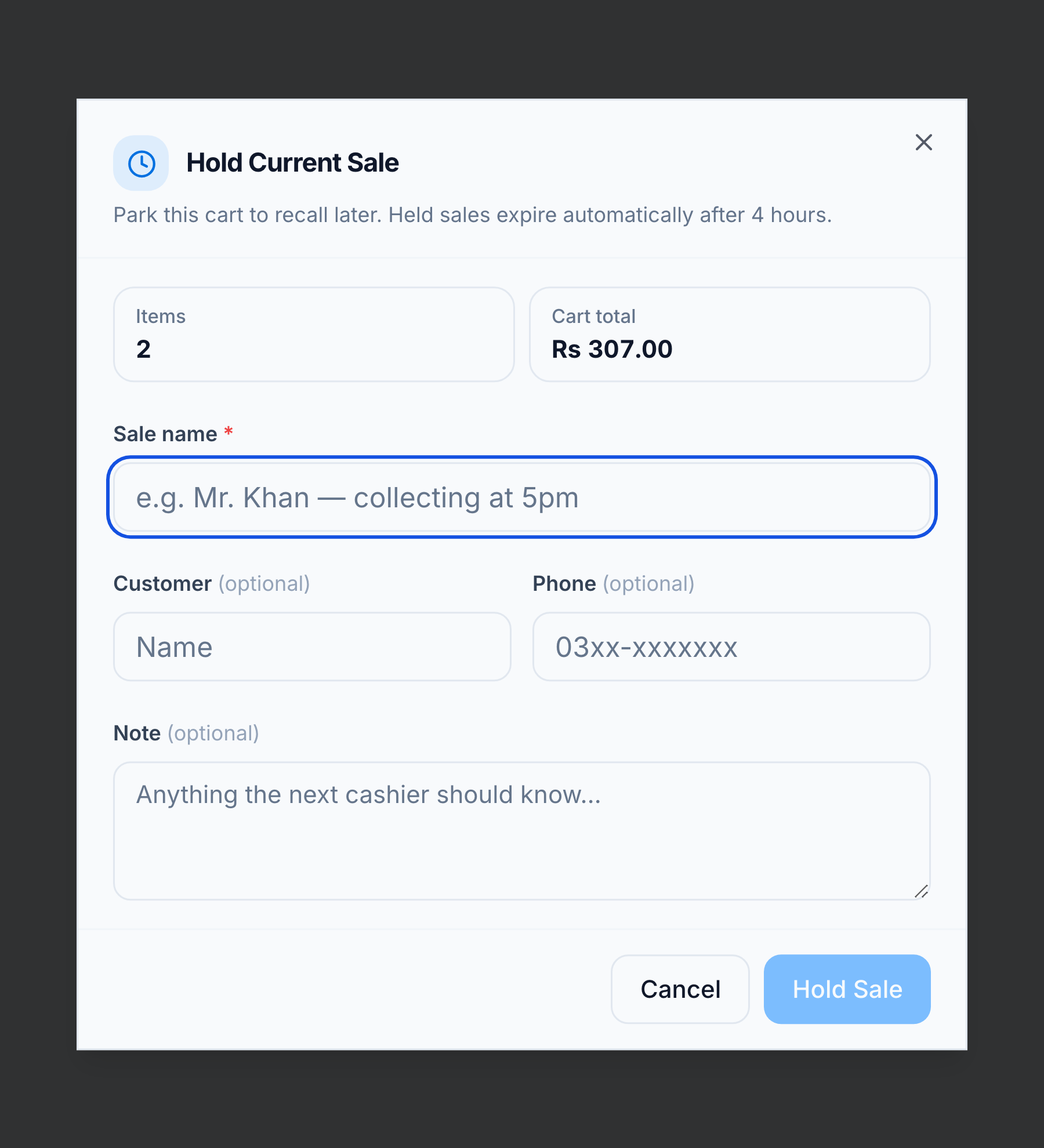 Hold Current Sale dialog with items, cart total, sale name, and optional customer