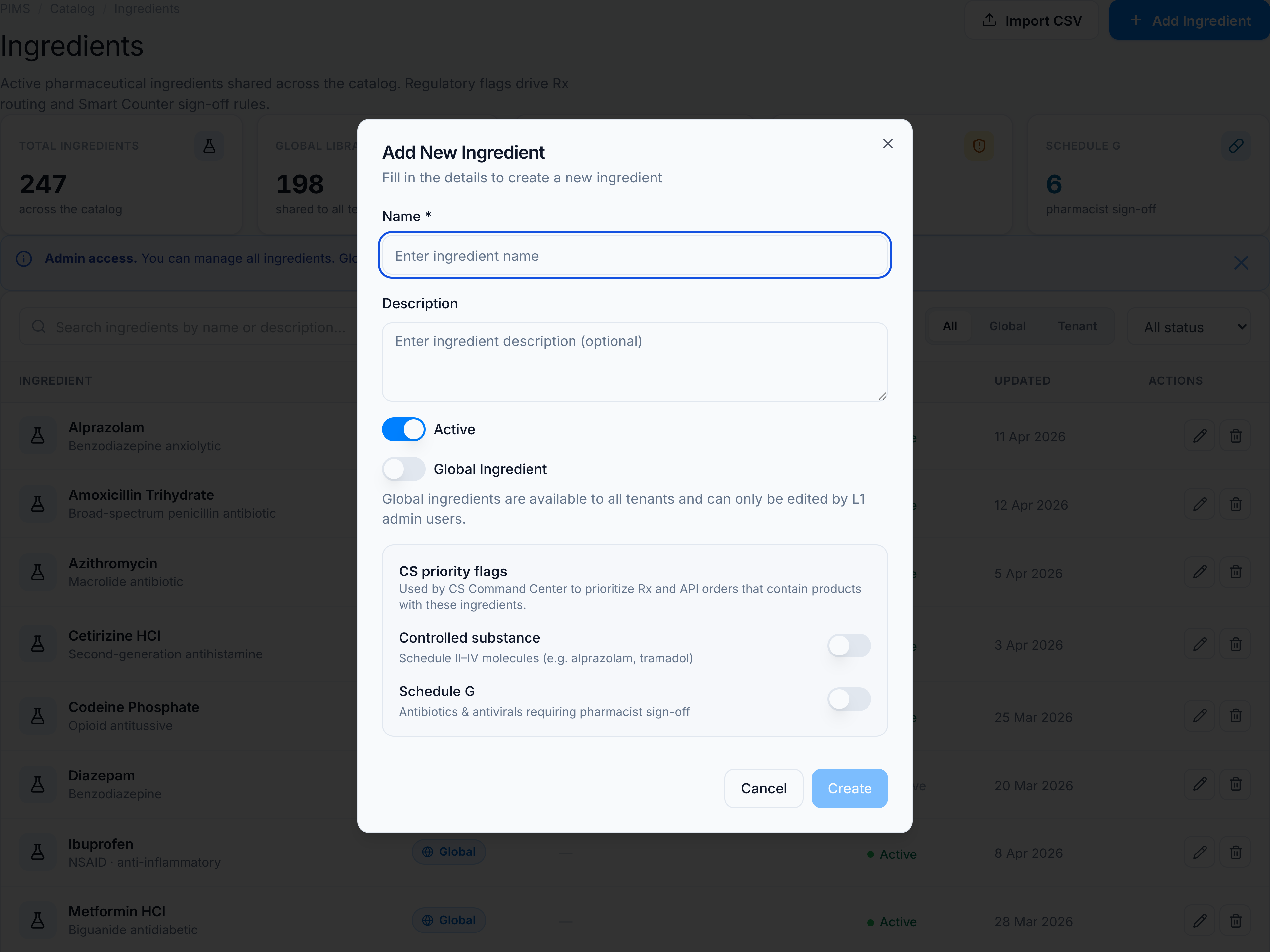 Add ingredient dialog fields.