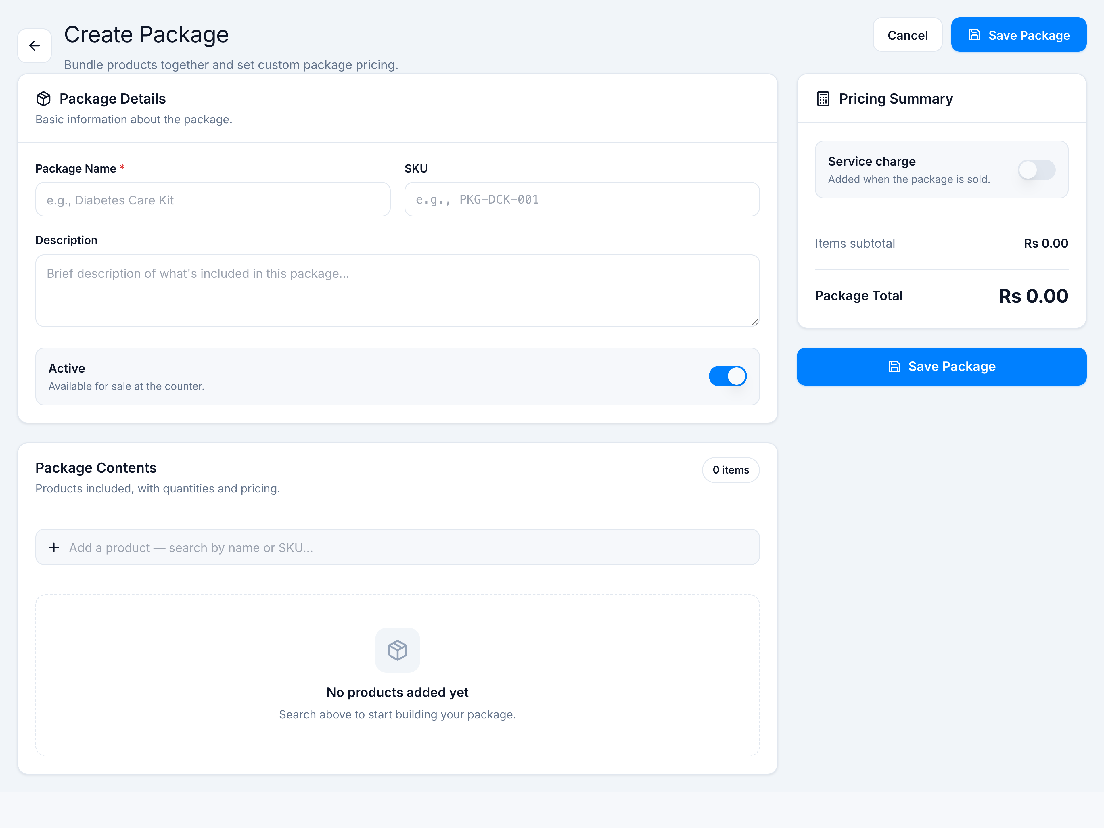 Create Package form with details and pricing summary.