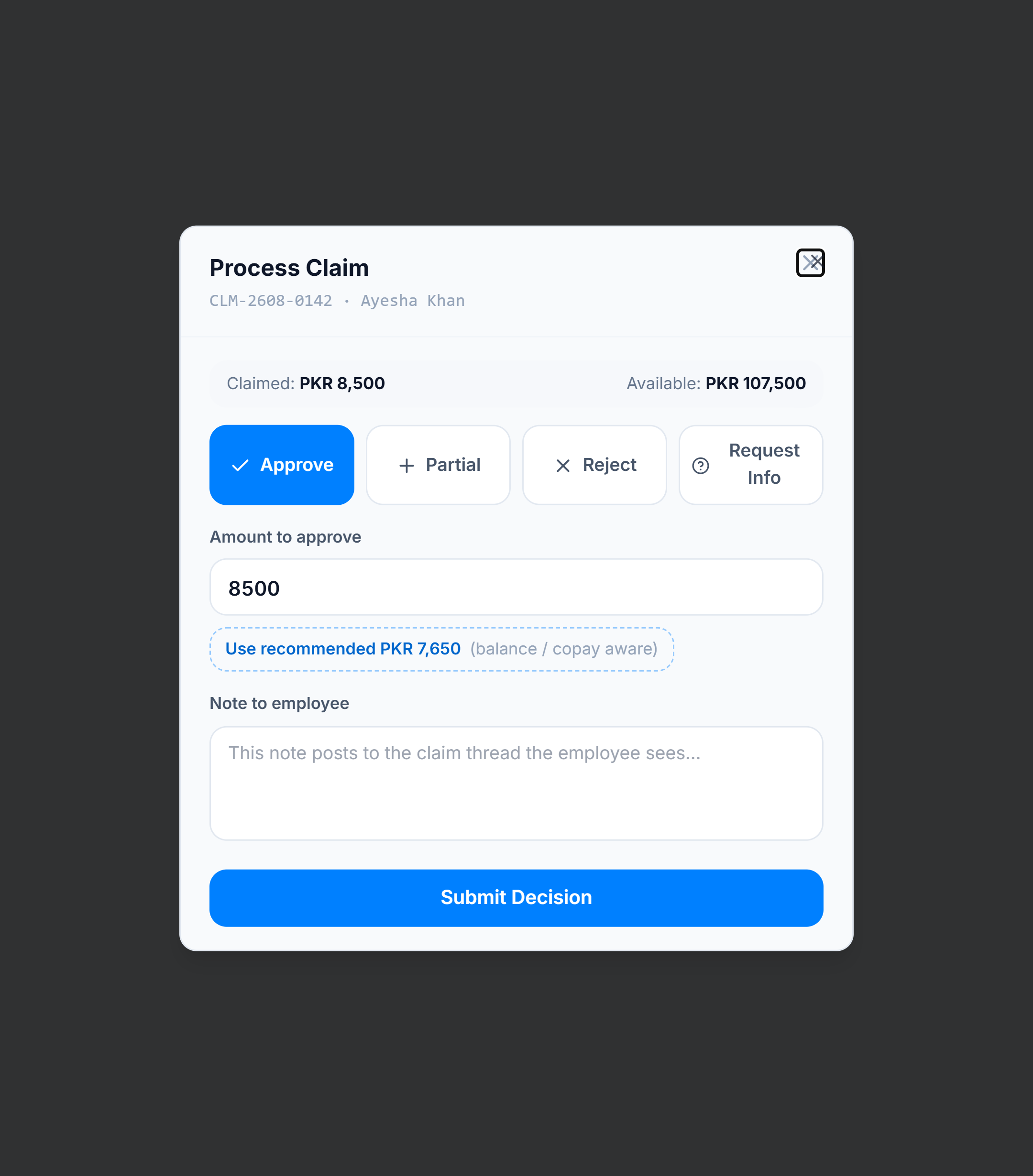 Process Claim decision dialog
