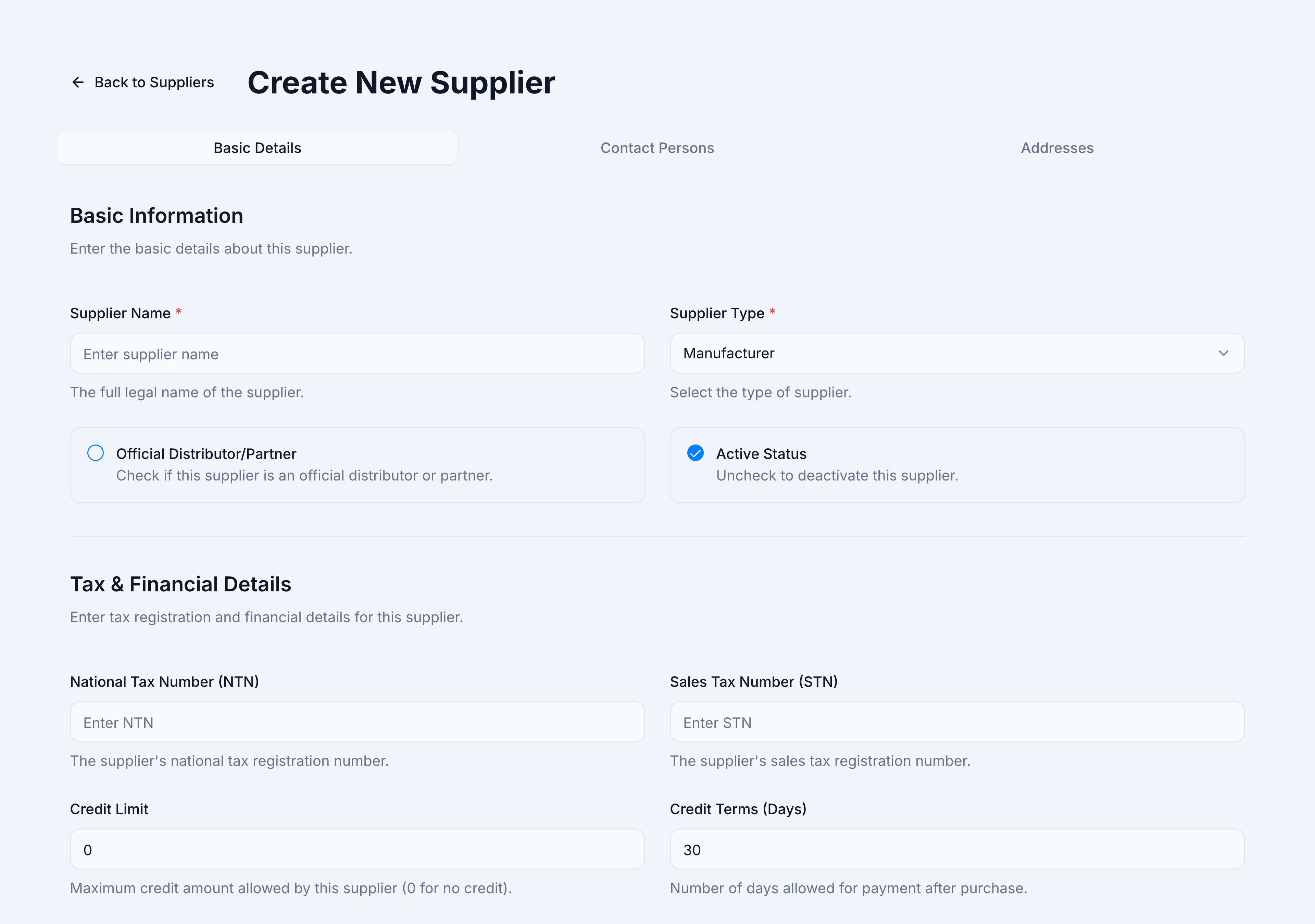 Create New Supplier form with Basic Information fields.