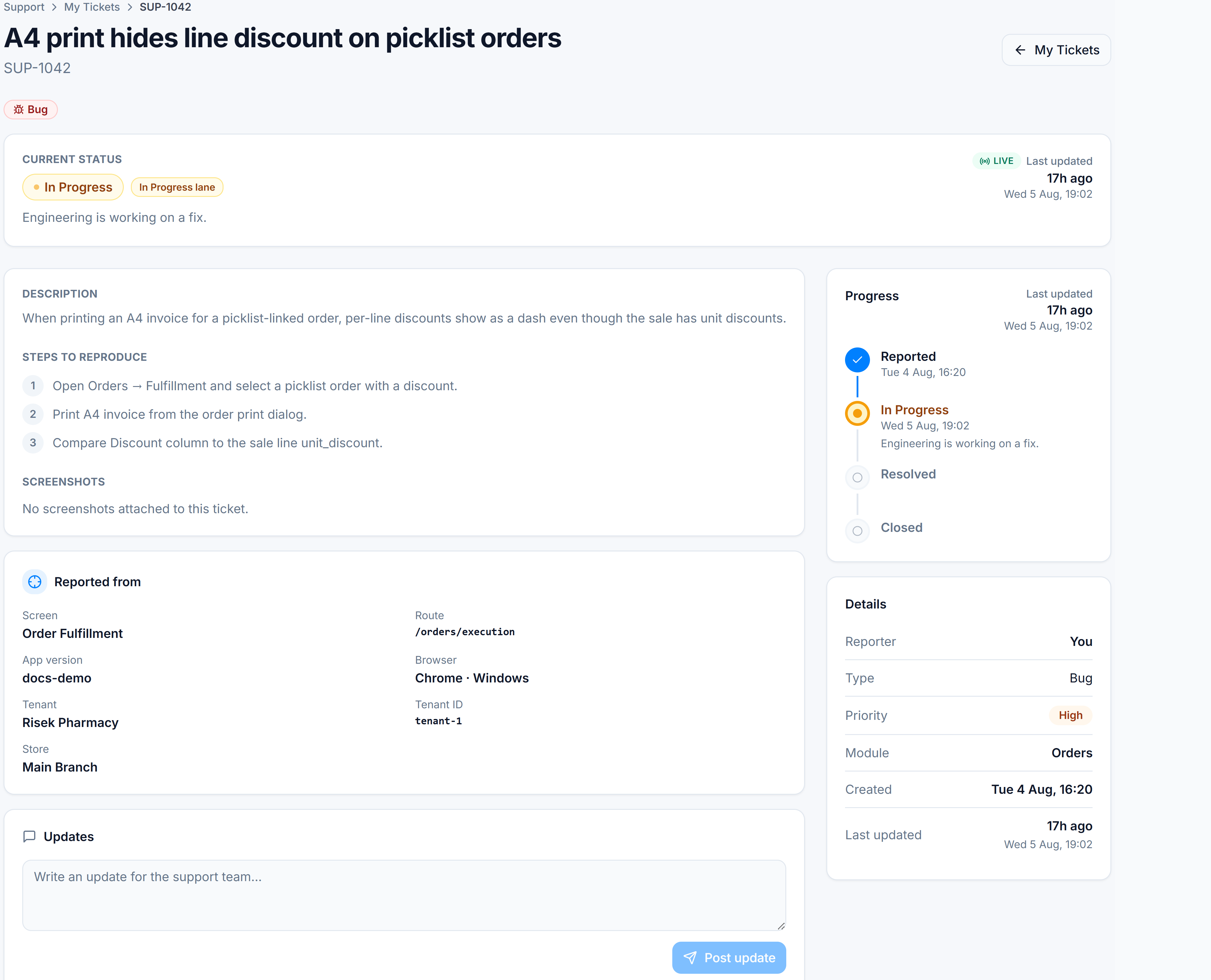Ticket detail for a bug showing description, steps to reproduce, progress timeline, and LIVE status.