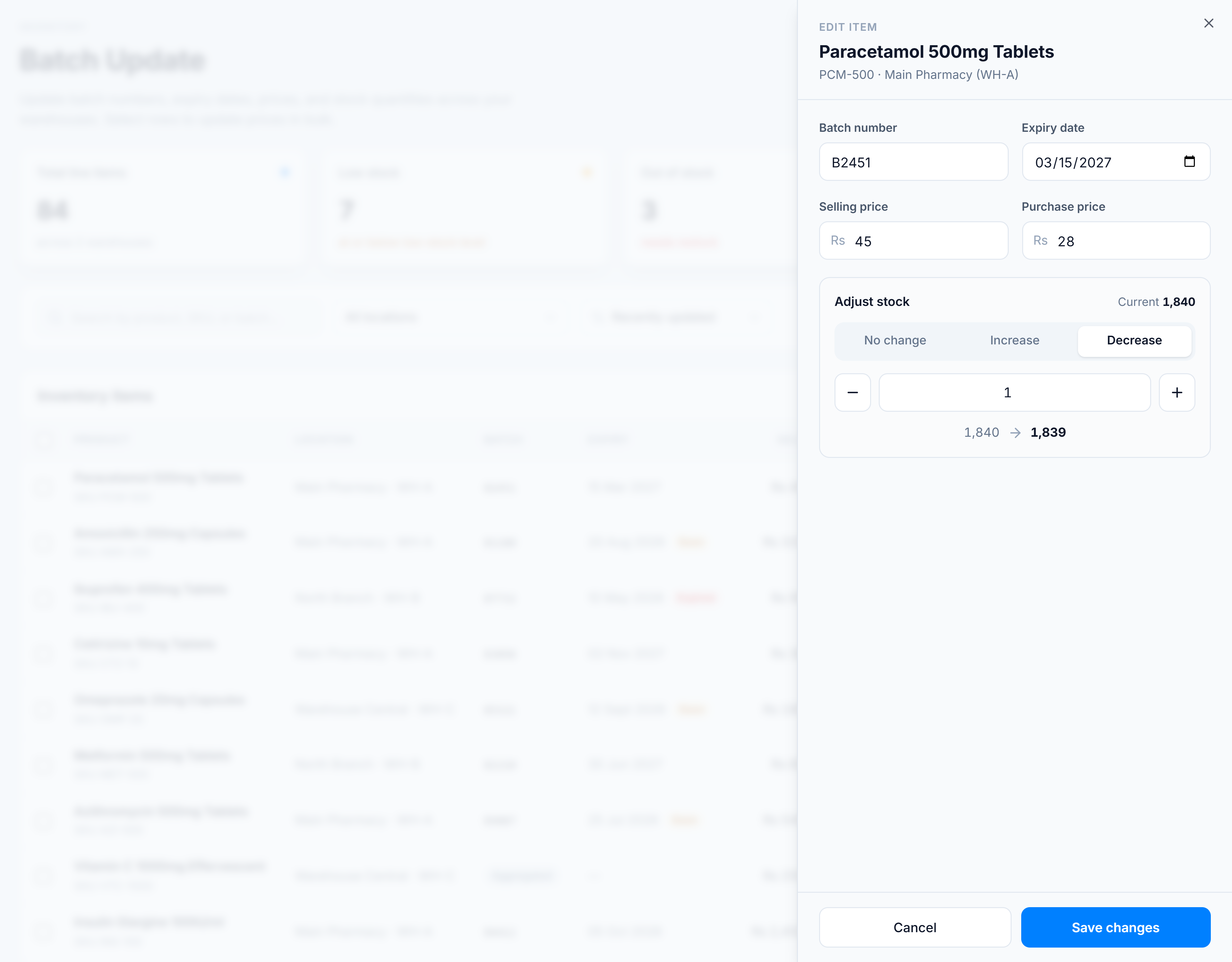 Adjust stock — Decrease selected, quantity set, and a current → new preview