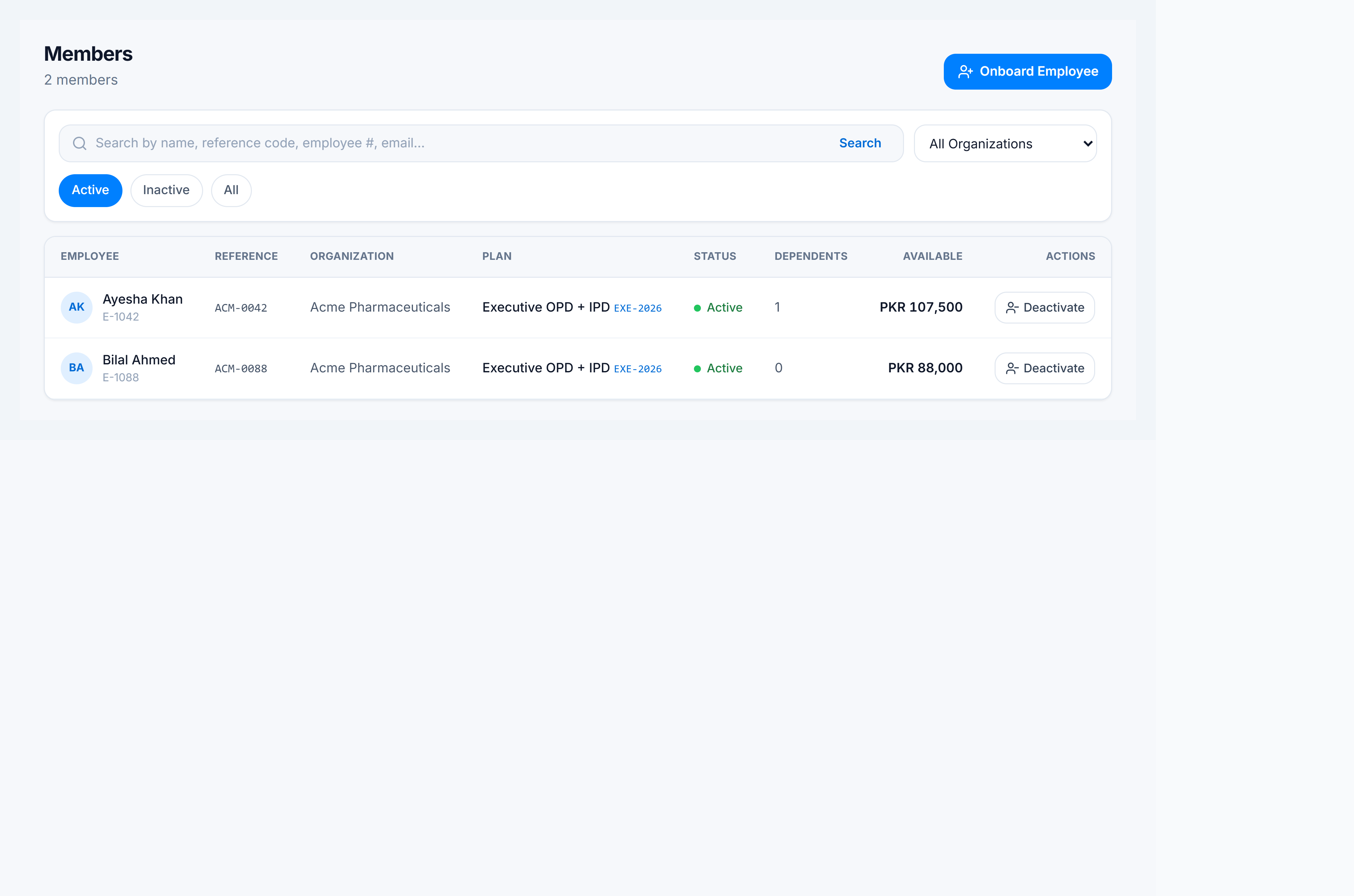 Members list with search and status chips