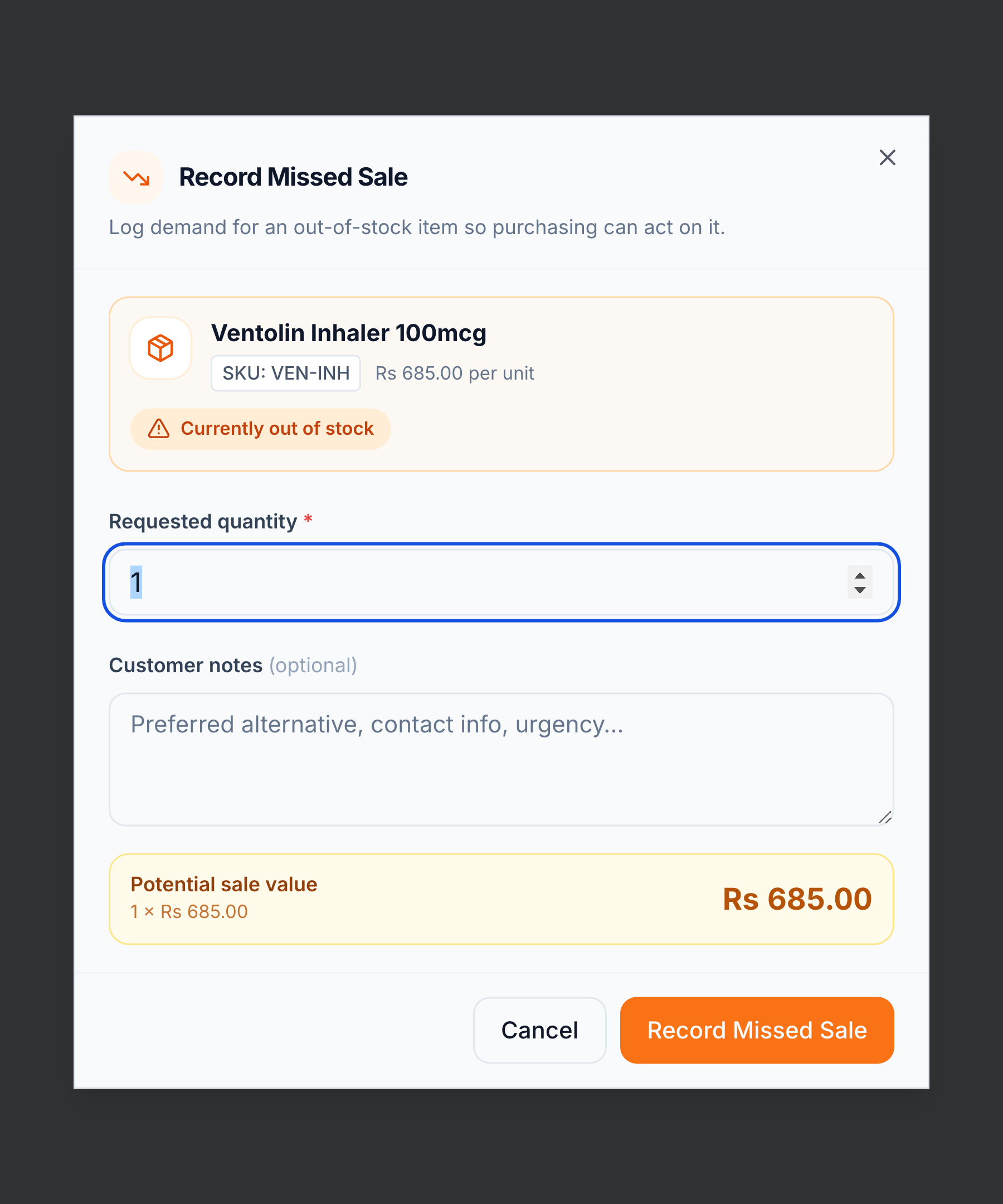 Record Missed Sale dialog — out-of-stock product, requested quantity, notes, potential value