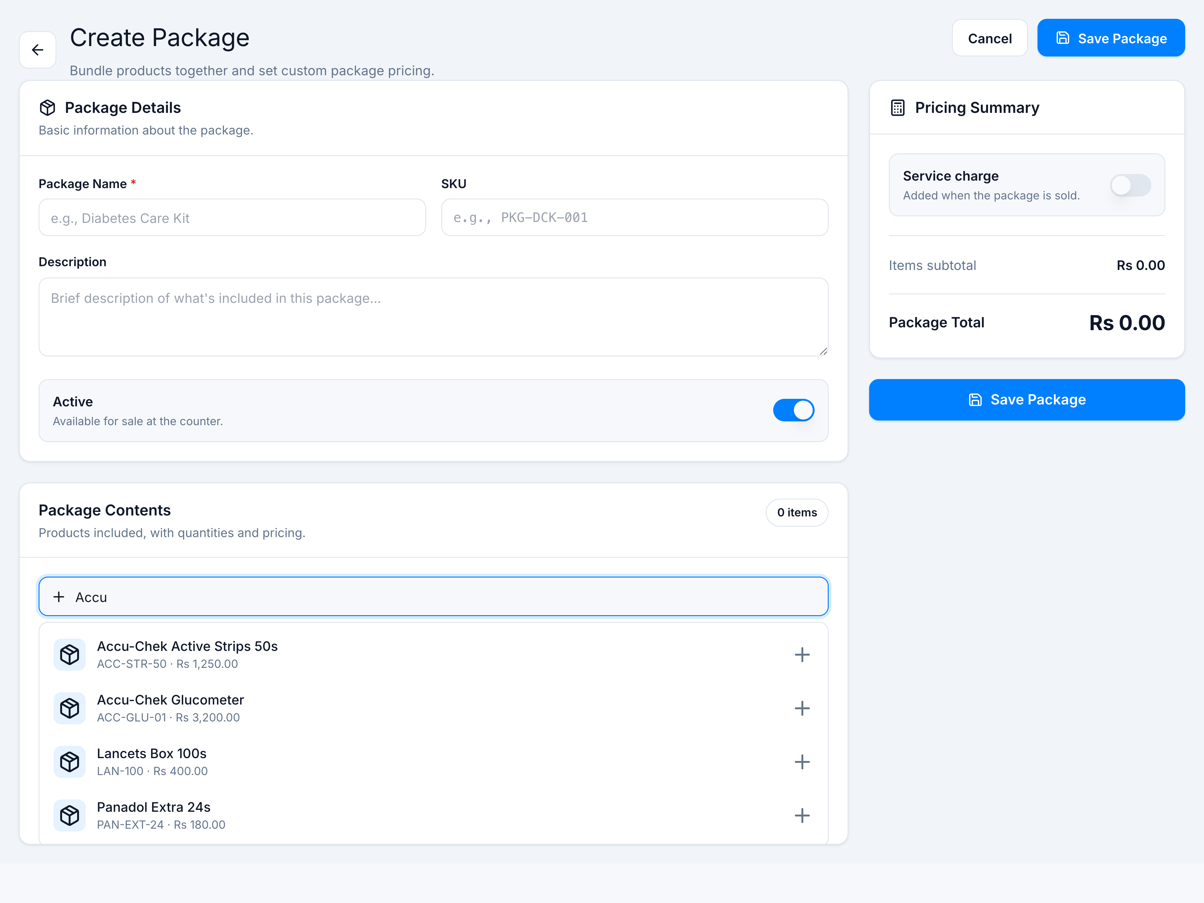Create form with product search dropdown open.